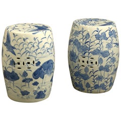 Close Pair of Mid-20th Century Blue and White Porcelain Garden Seats