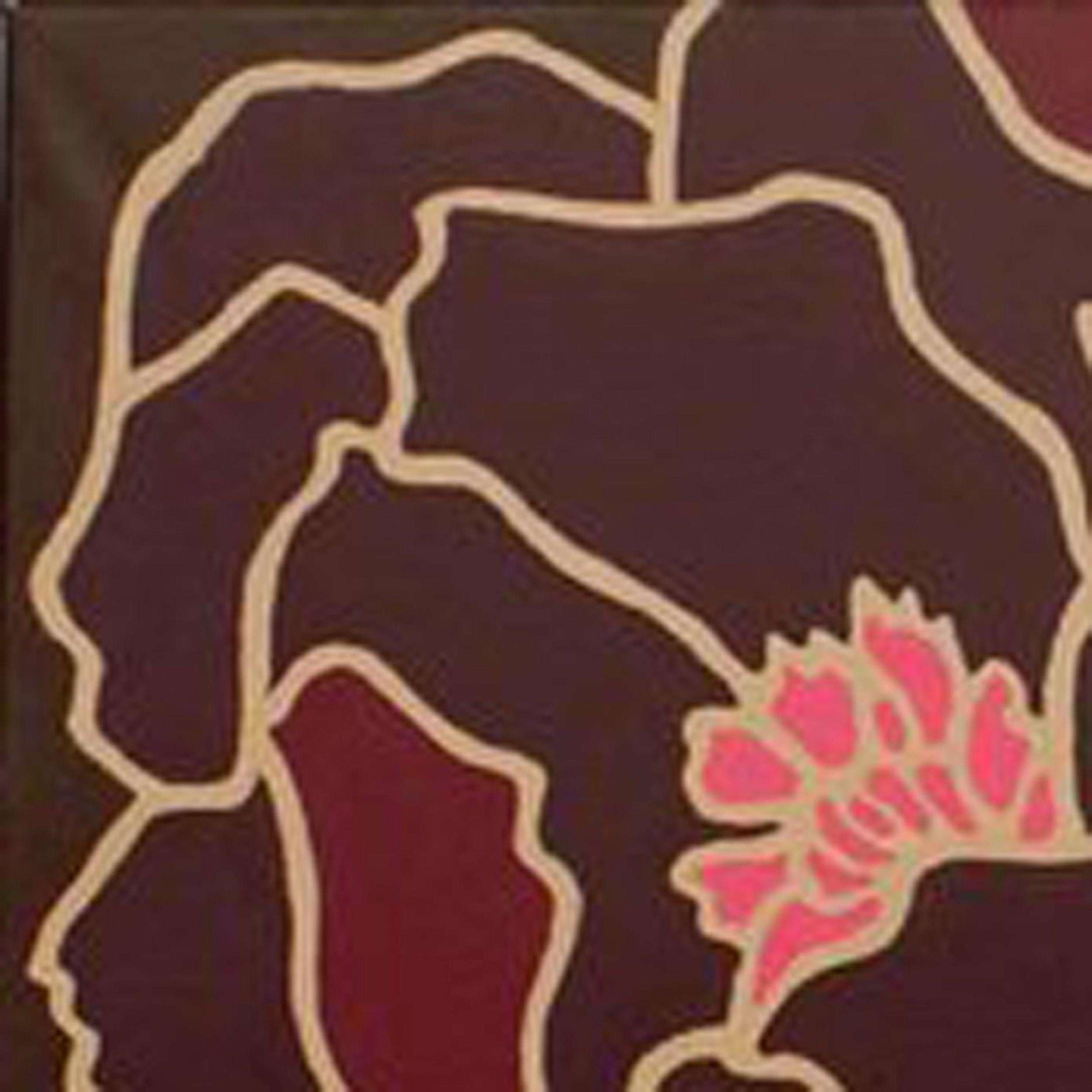 Stilisierte Nahaufnahme von zwei Magnolienblüten mit Blättern in Burgunder-, Rosa- und Brauntönen, gemalt in einem modernen Stil der 1970er Jahre, der durch die Verwendung von Umrisslinien zur Schaffung eines Stilllebens erreicht wurde, signiert in
