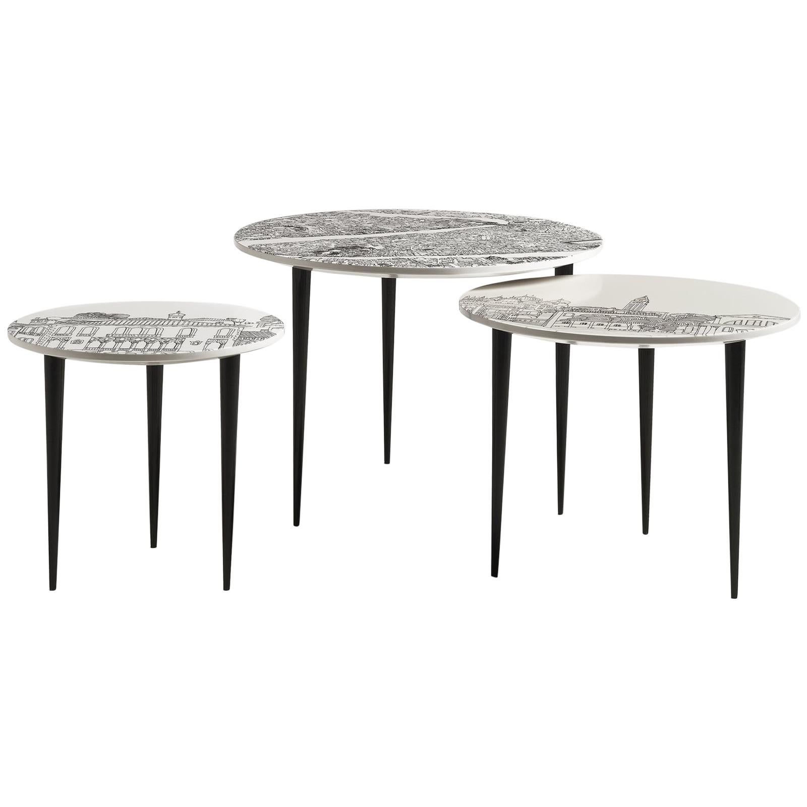 The 3-table set of the Venezia series designed by Anna Sutor represents a close look at the iconic landscapes of this Italian city depicted in their essence. Inspired by a series of small tables by great designer Aldo Tura, these modern-style tables