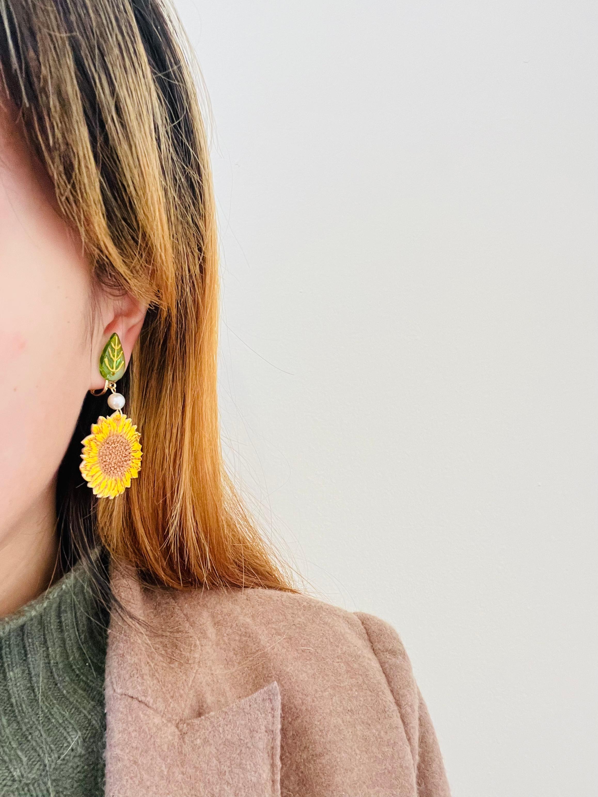 Cloth Vivid Yellow Sunflower Green Leaf White Pearl Dangle Clip On Earrings For Sale 1