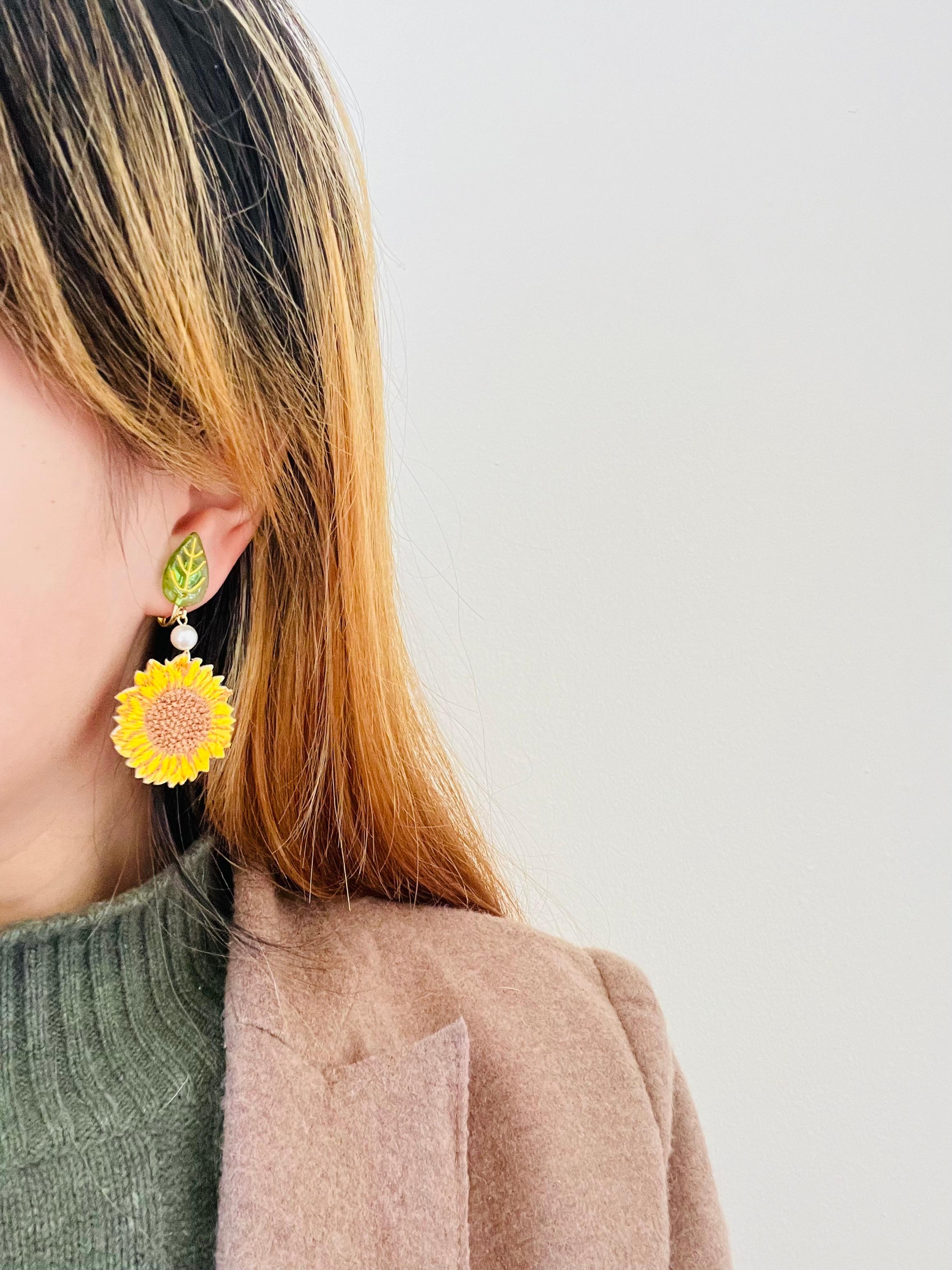 Cloth Vivid Yellow Sunflower Green Leaf White Pearl Dangle Clip On Earrings For Sale 2