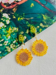 Cloth Vivid Yellow Sunflower Green Leaf White Pearl Dangle Clip On Earrings