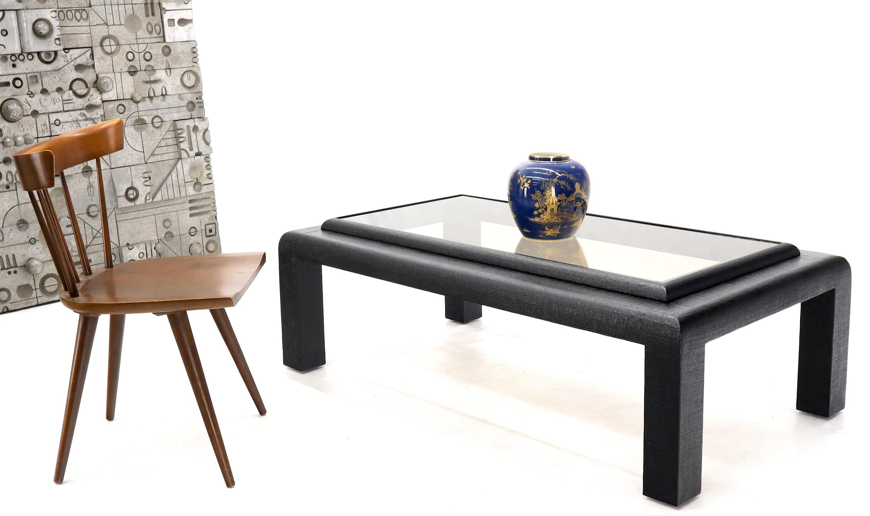 Mid-Century Modern raffia wrapped glass top rectangular coffee table. Harrison Van Horn, Karl Springer decor match.