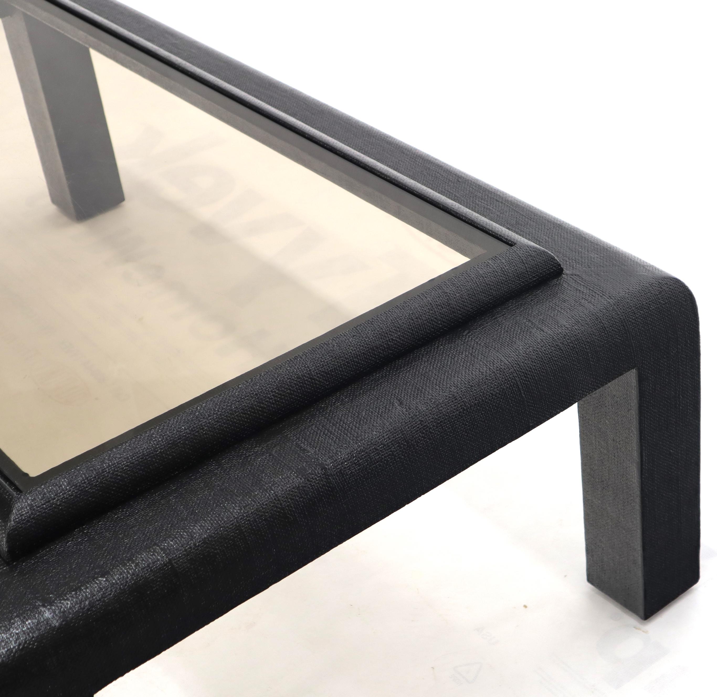 Lacquered Cloth Wrapped Black Lacquer Glass Top Rectangular Coffee Table For Sale