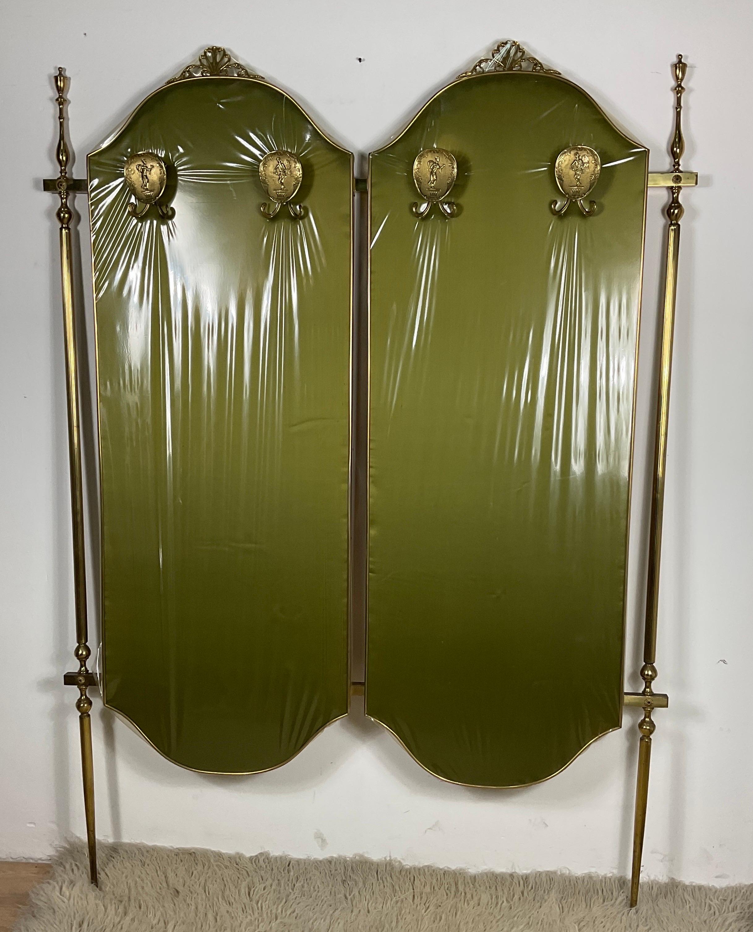 Brass Clothes rack with brass structure, covered with wood at the back and with green For Sale