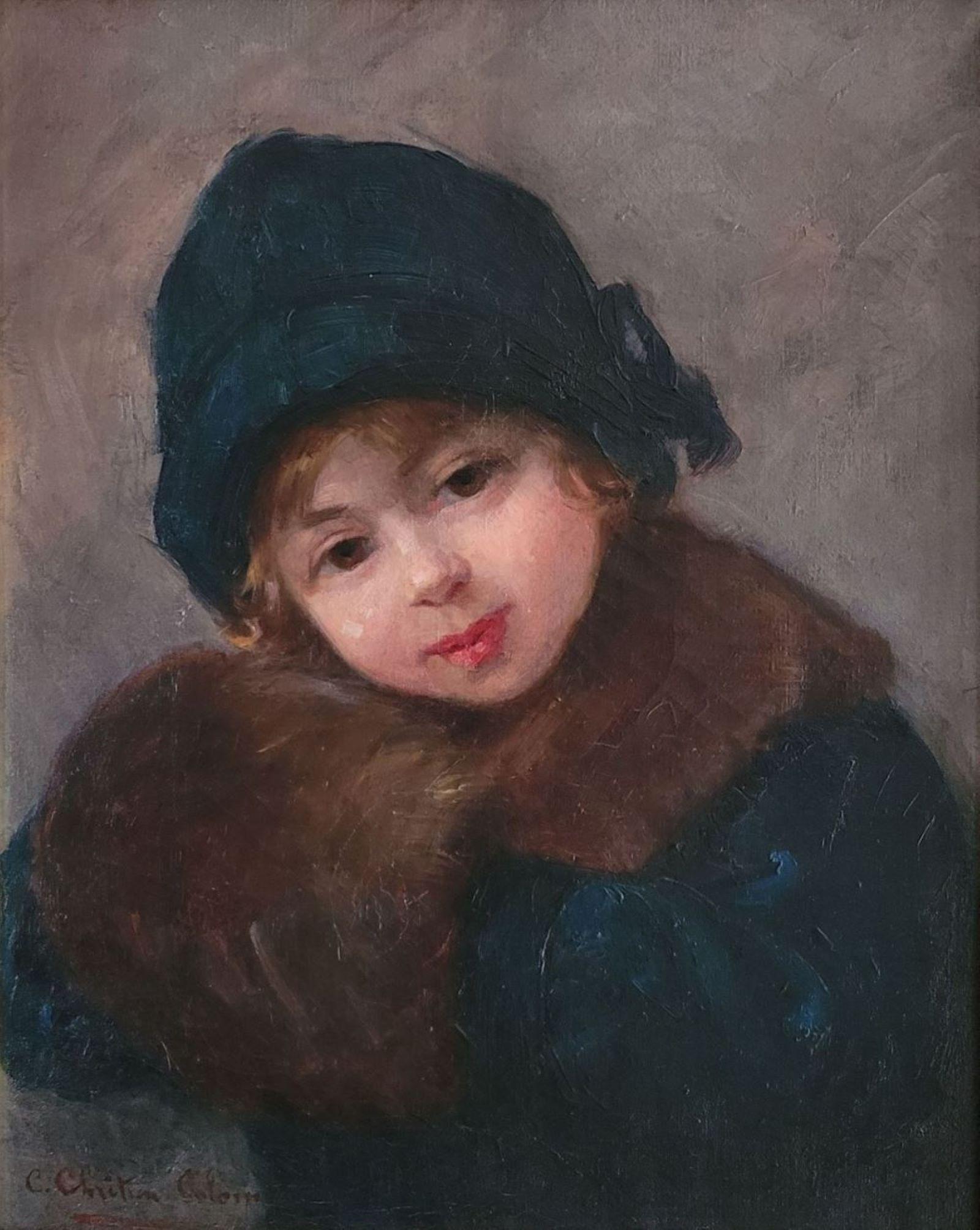 Petite fille au manchon - Painting by Clotilde Chrétien Colombe