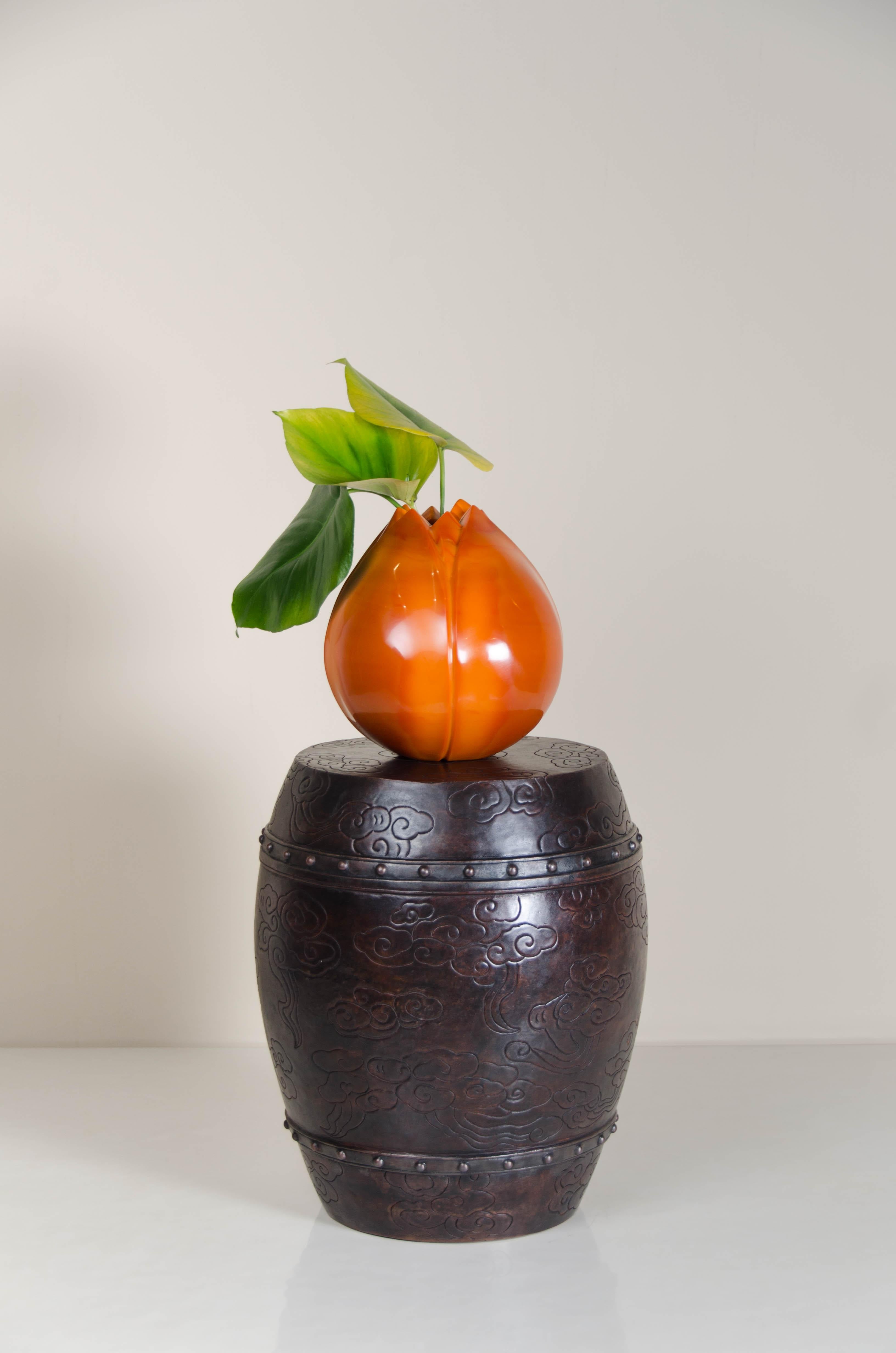 Contemporary Cloud Barrel Drumstool, Antique Copper by Robert Kuo, Hand Repousse For Sale