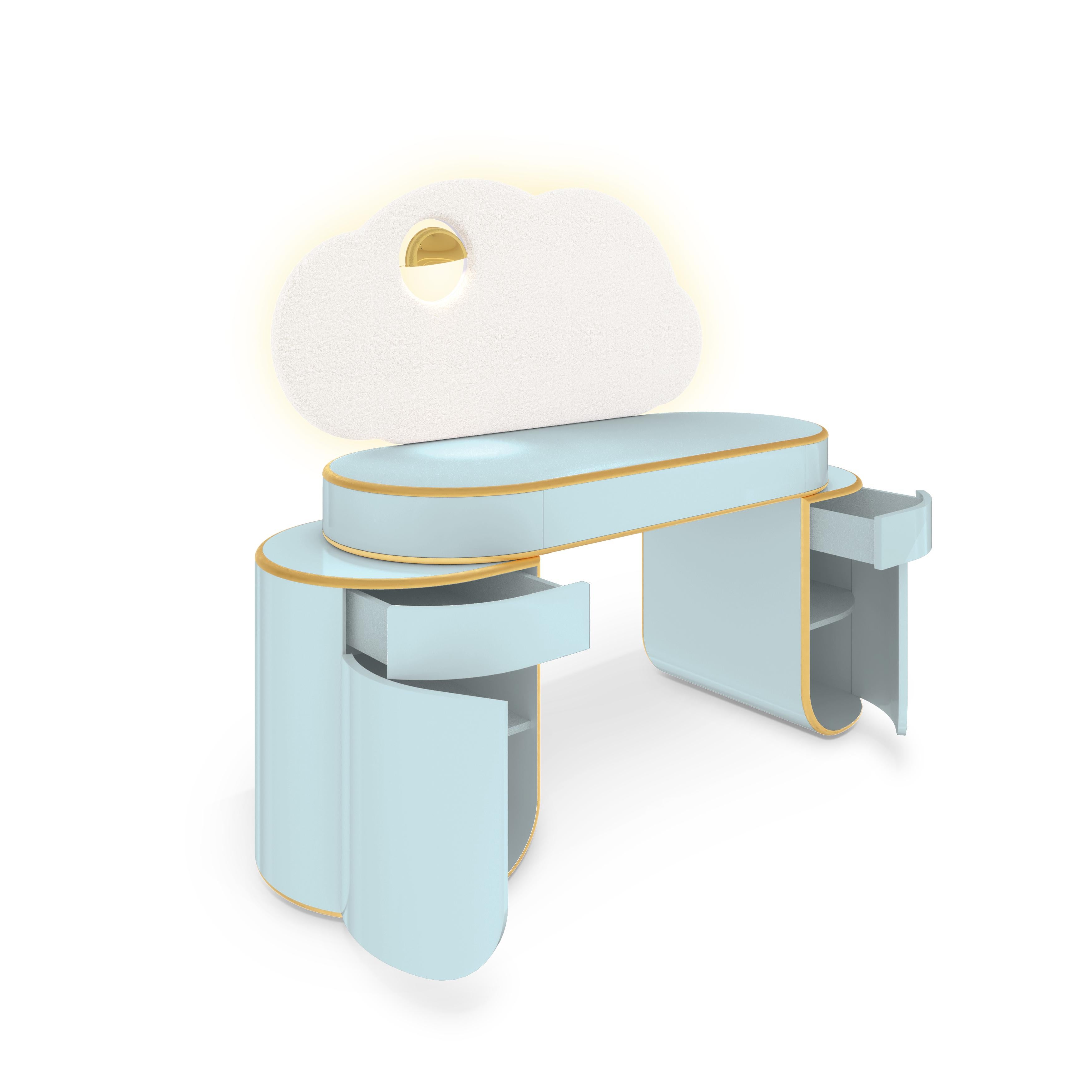 Cloud Blue Glow Desk von MAGILORE - Luxuriöser Kinderschreibtisch aus Bouclé und Blattgold (Moderne) im Angebot