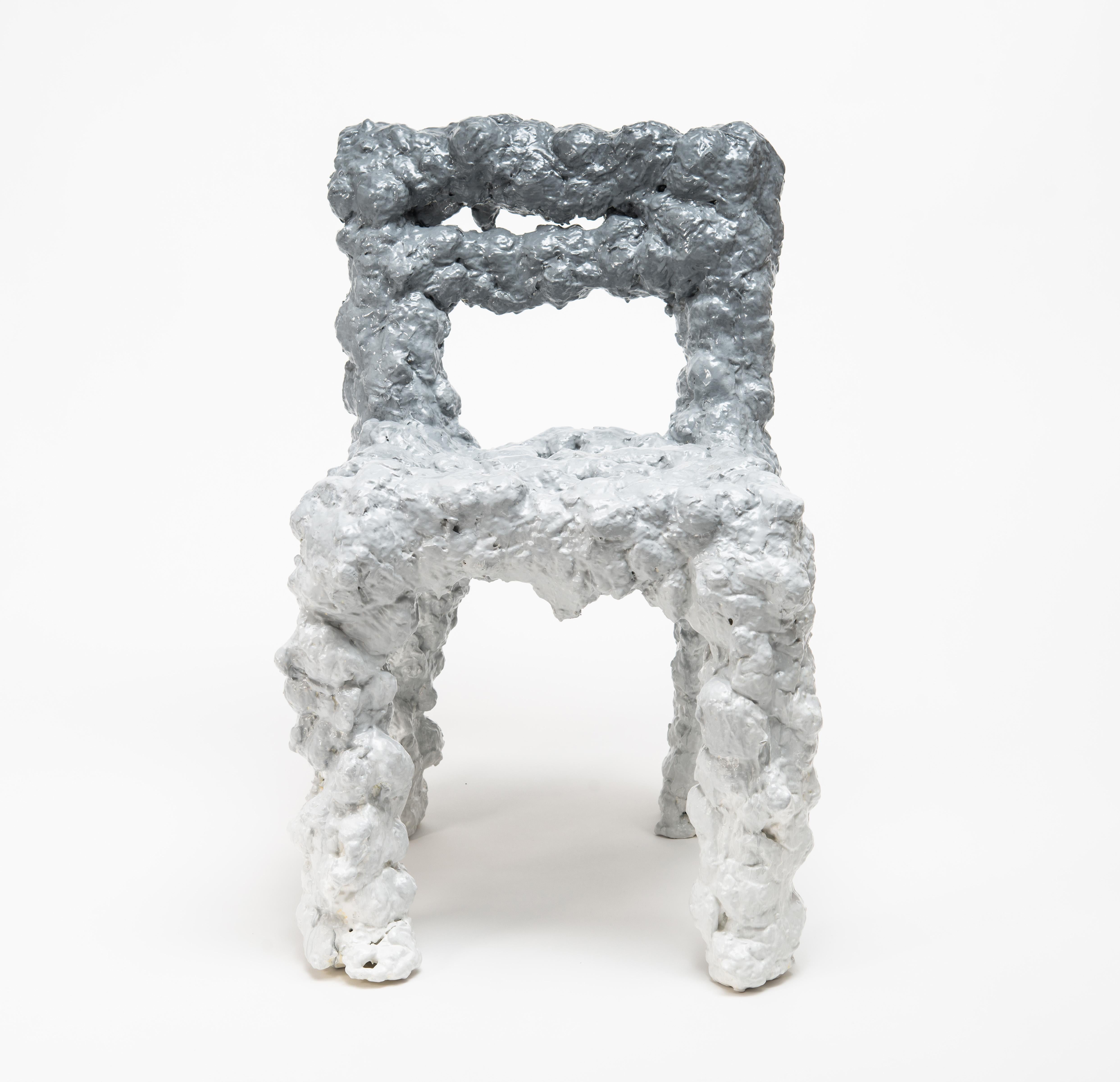 The idea of the Cloud Chair is to use the natural expansion of a polyurethane foam used in construction for insulation. The concept is to create a cloud or steam like geometry by the foam process directly applied out of the can.
Therefore, the
