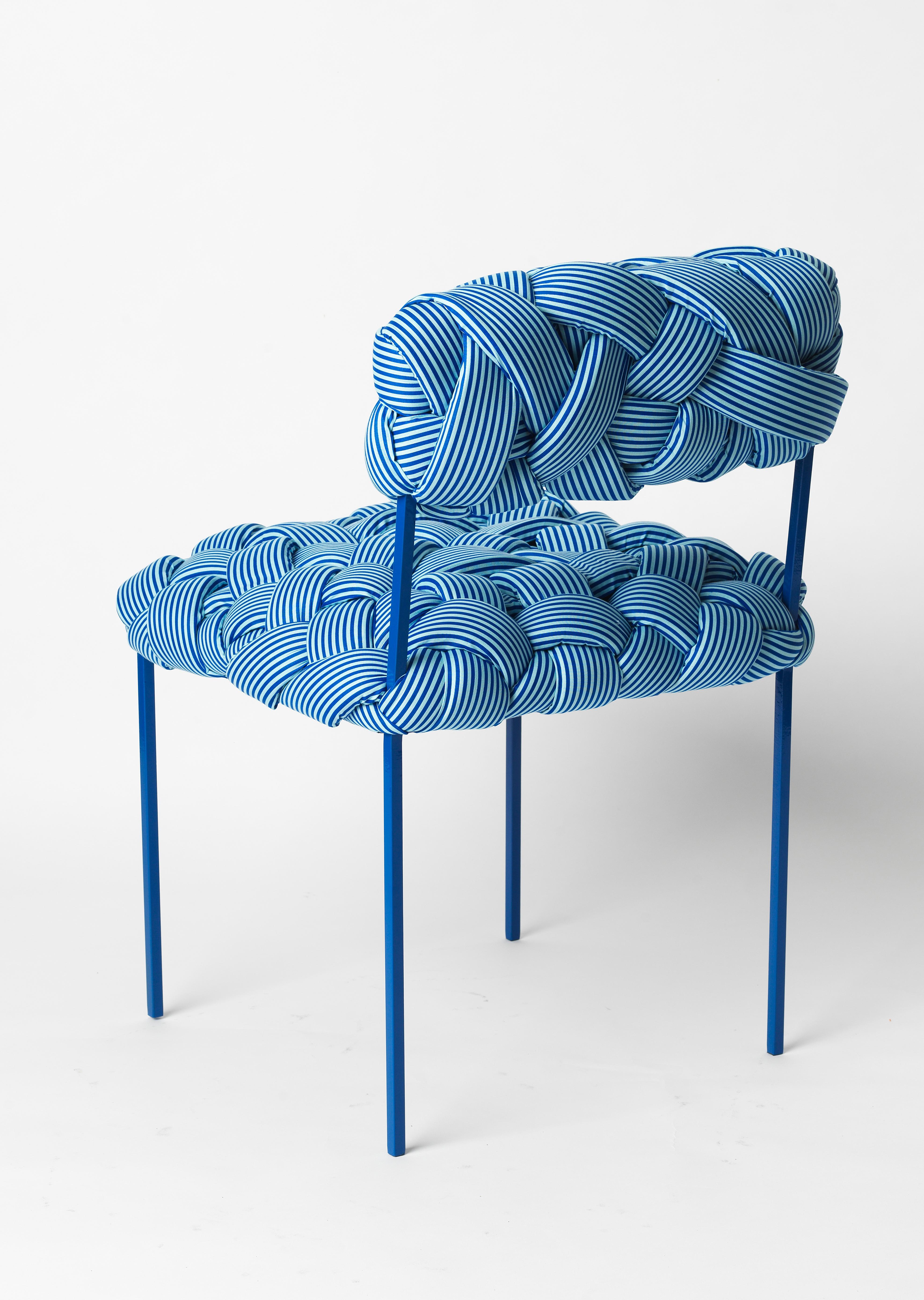 This contemporary chair is part of the Cloud collection, which was created around the concept of trees. These contemporary stools and benches are made with cotton fabric and foam stripes, woven and stitched by hand. Each piece is unique, as the