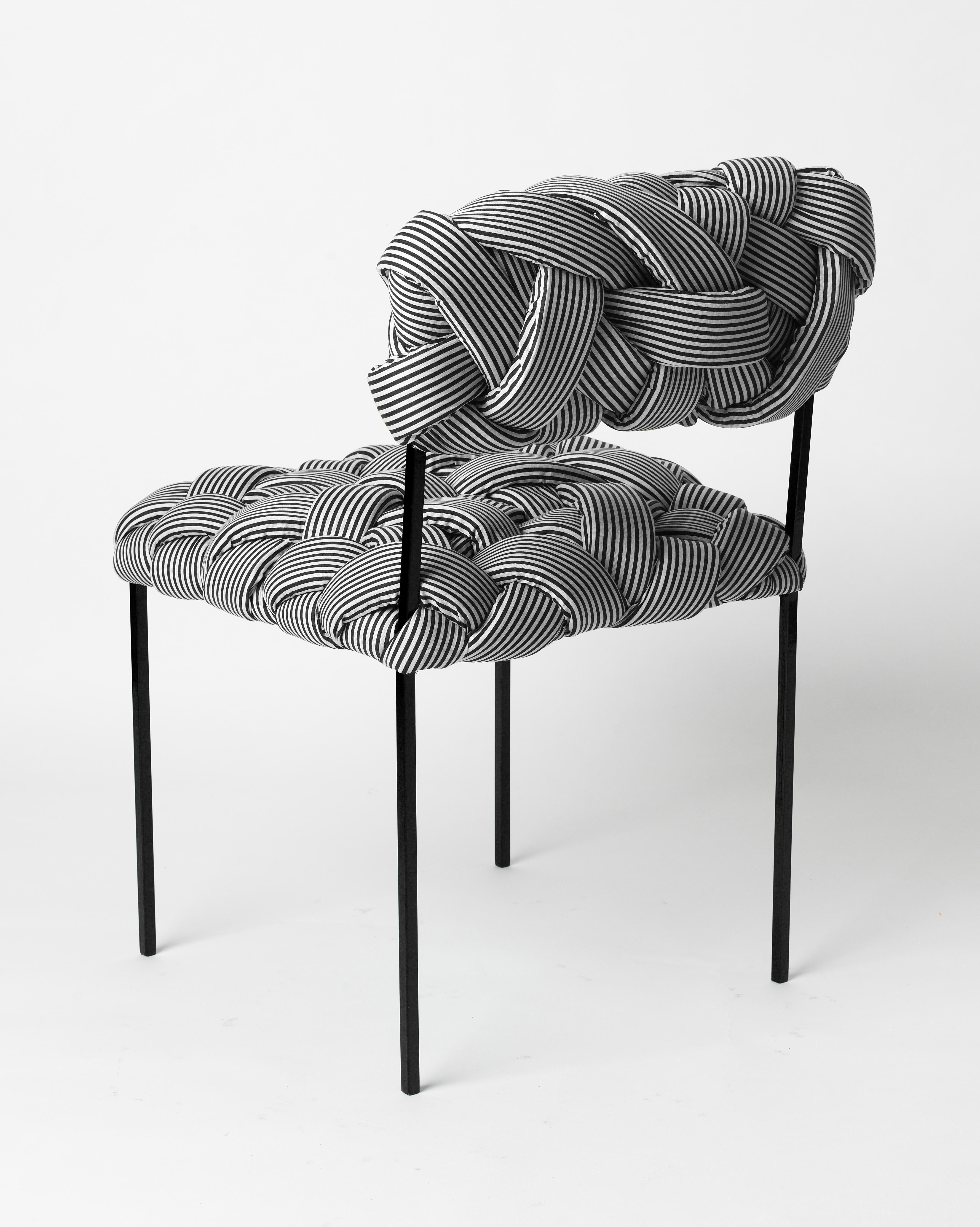 This contemporary chair is part of the Cloud collection, which was created around the concept of trees. These contemporary stools and benches are made with cotton fabric and foam stripes, woven and stitched by hand. Each piece is unique, as the