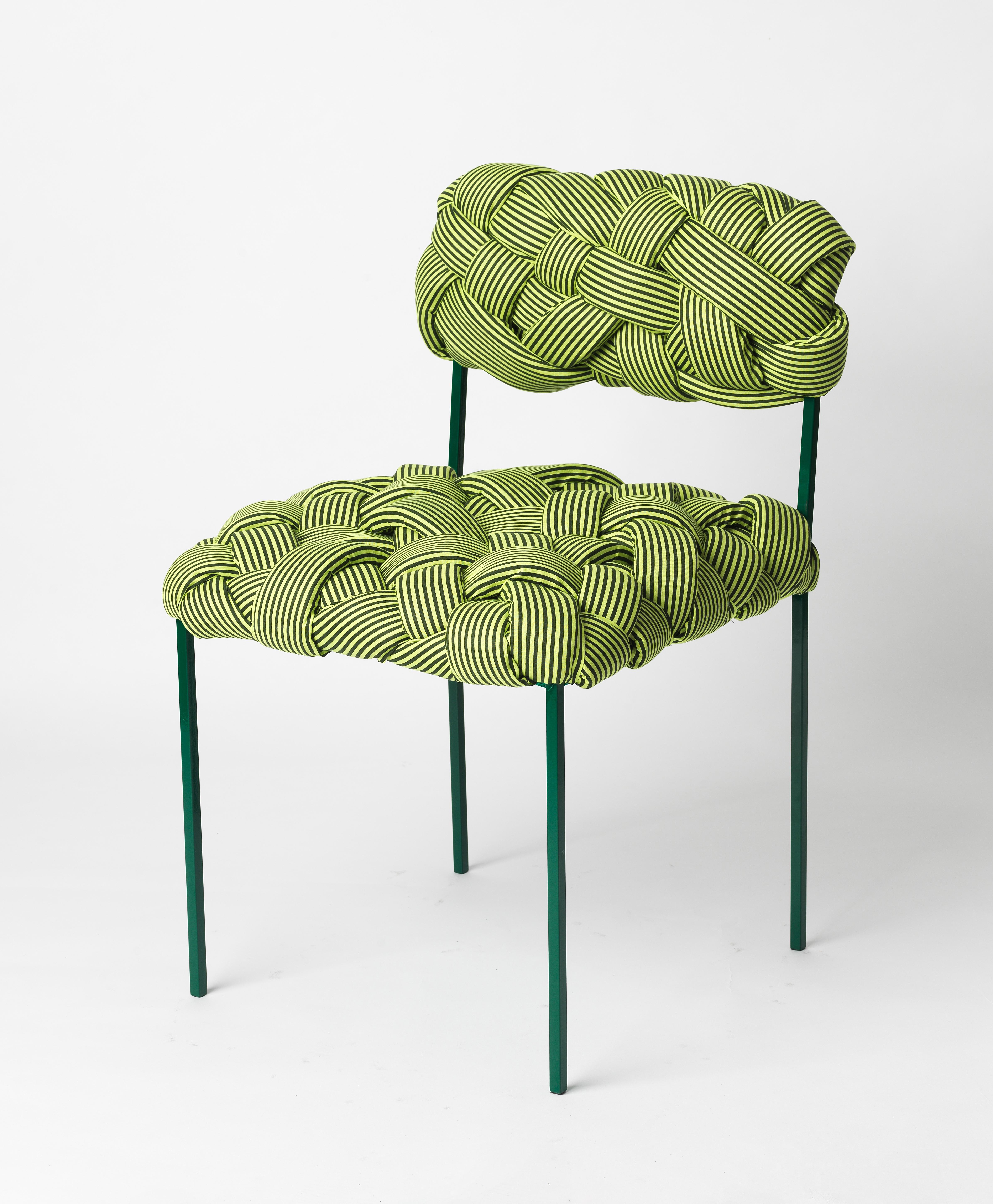 This contemporary chair is part of the Cloud collection, which was created around the concept of trees. These contemporary stools and benches are made with cotton fabric and foam stripes, woven and stitched by hand. Each piece is unique, as the