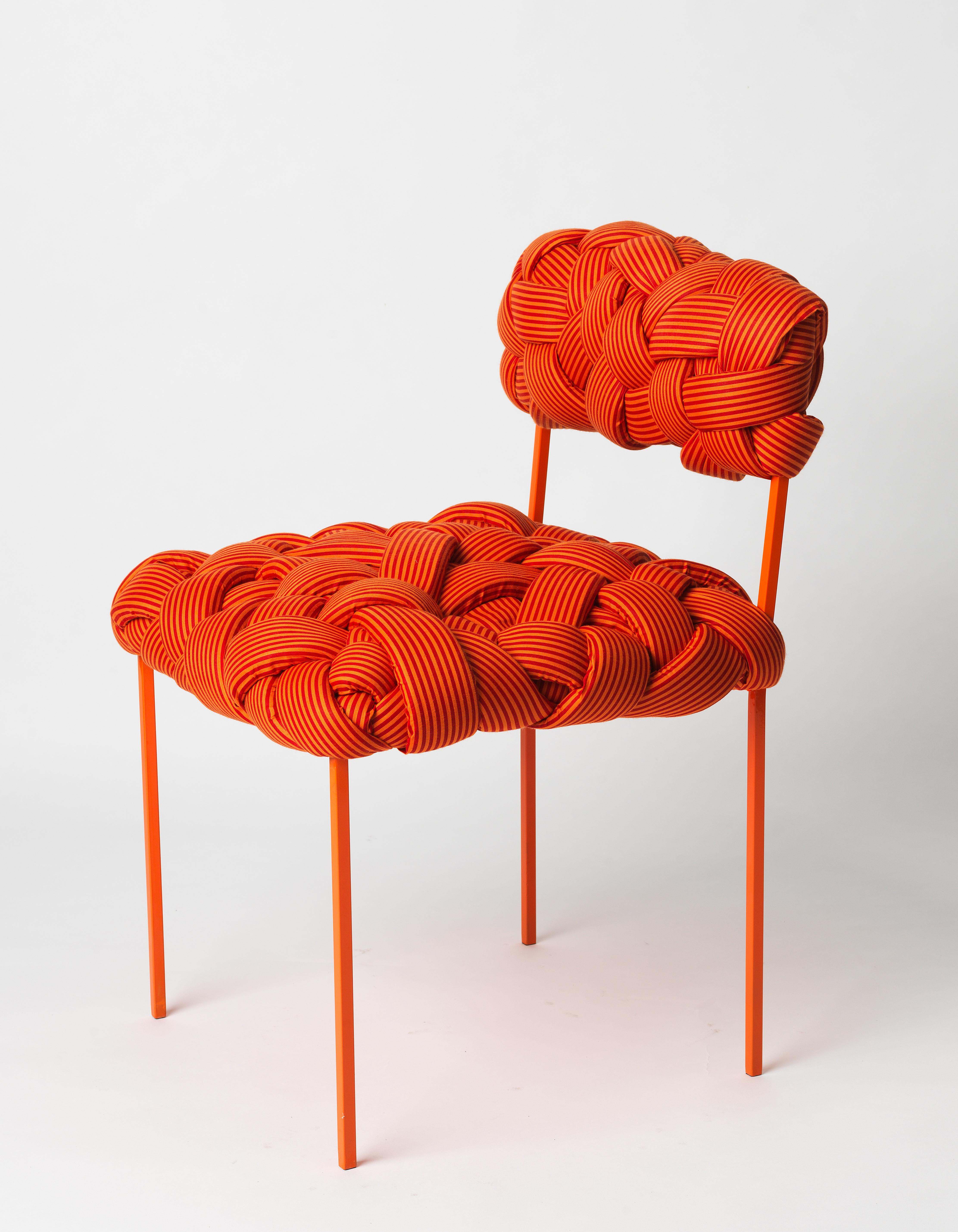 This contemporary chair is part of the Cloud collection, which was created around the concept of trees. These contemporary stools and benches are made with cotton fabric and foam stripes, woven and stitched by hand. Each piece is unique, as the