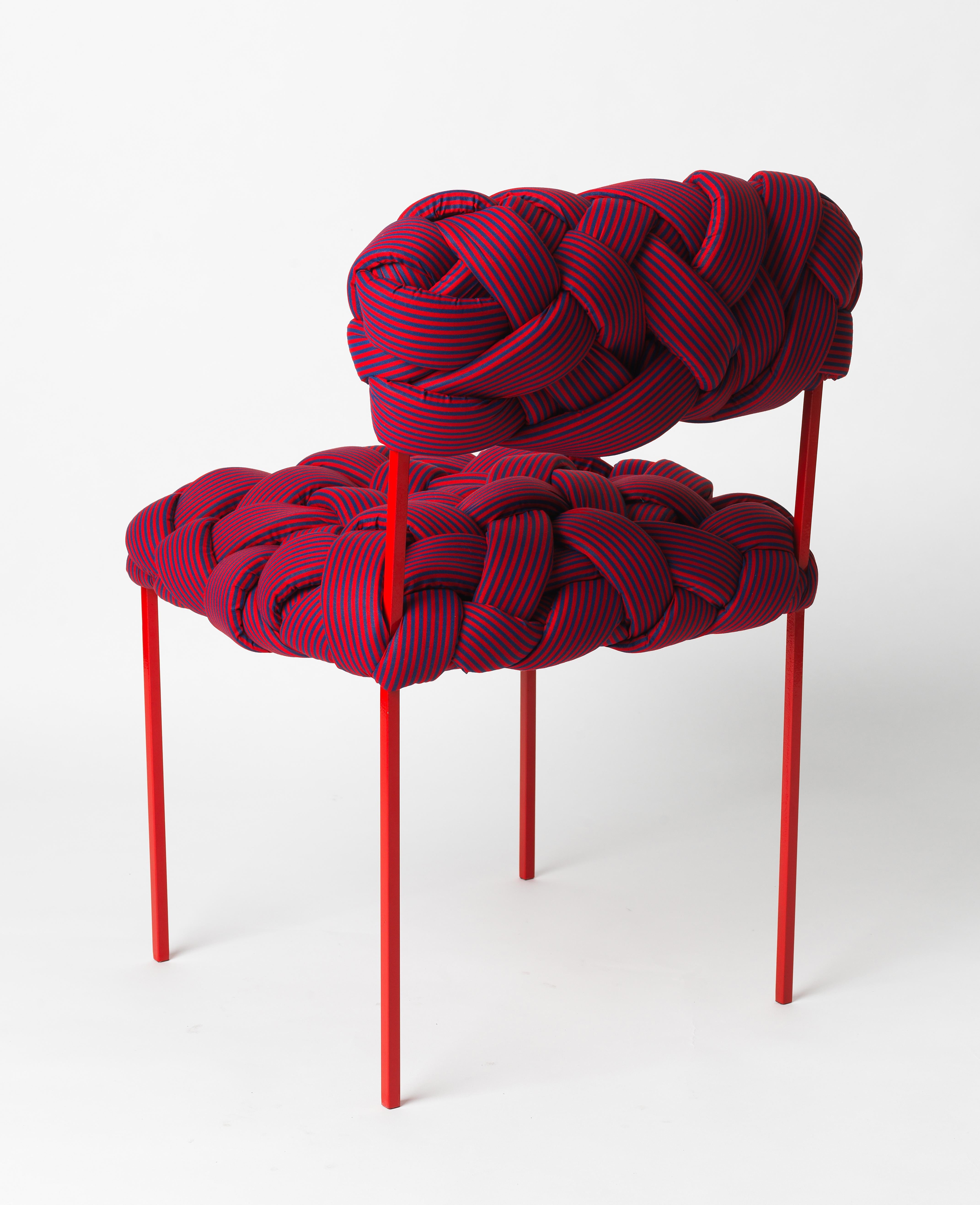 This contemporary chair is part of the Cloud collection, which was created around the concept of trees. These contemporary stools and benches are made with cotton fabric and foam stripes, woven and stitched by hand. Each piece is unique, as the