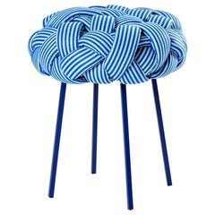 "Cloud" Contemporary Small Stool with Handwoven Blue Upholstery