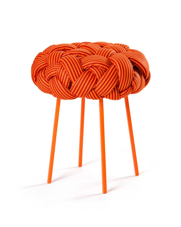This contemporary stool is part of the Cloud collection, which was created around the concept of trees. These contemporary stools and benches are made with cotton fabric and foam stripes, woven and stitched by hand. Each piece is unique, as the