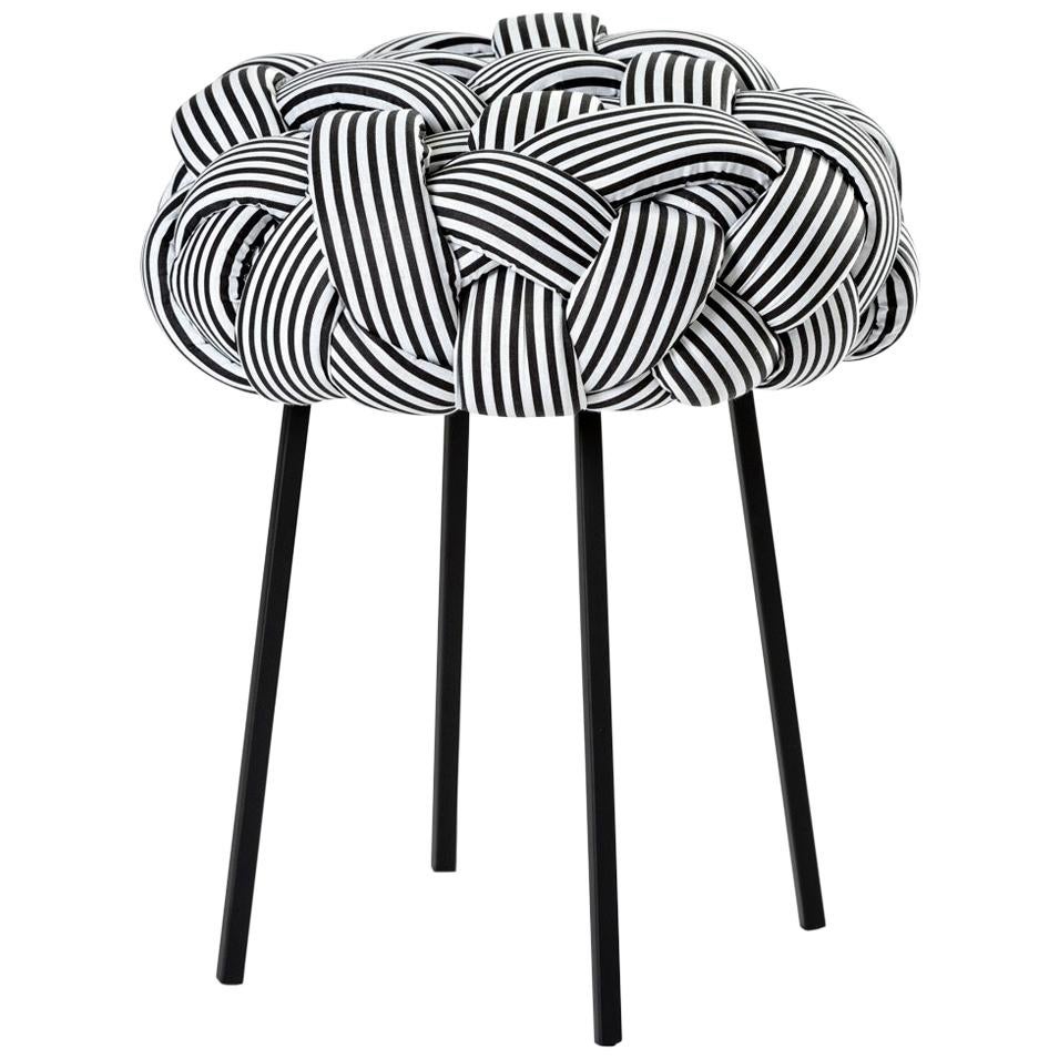"Cloud" Contemporary Small Stool with Handwoven B&W Upholstery