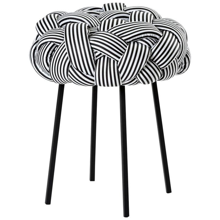 "Cloud" Contemporary Small Stool with Handwoven B&W Upholstery For Sale