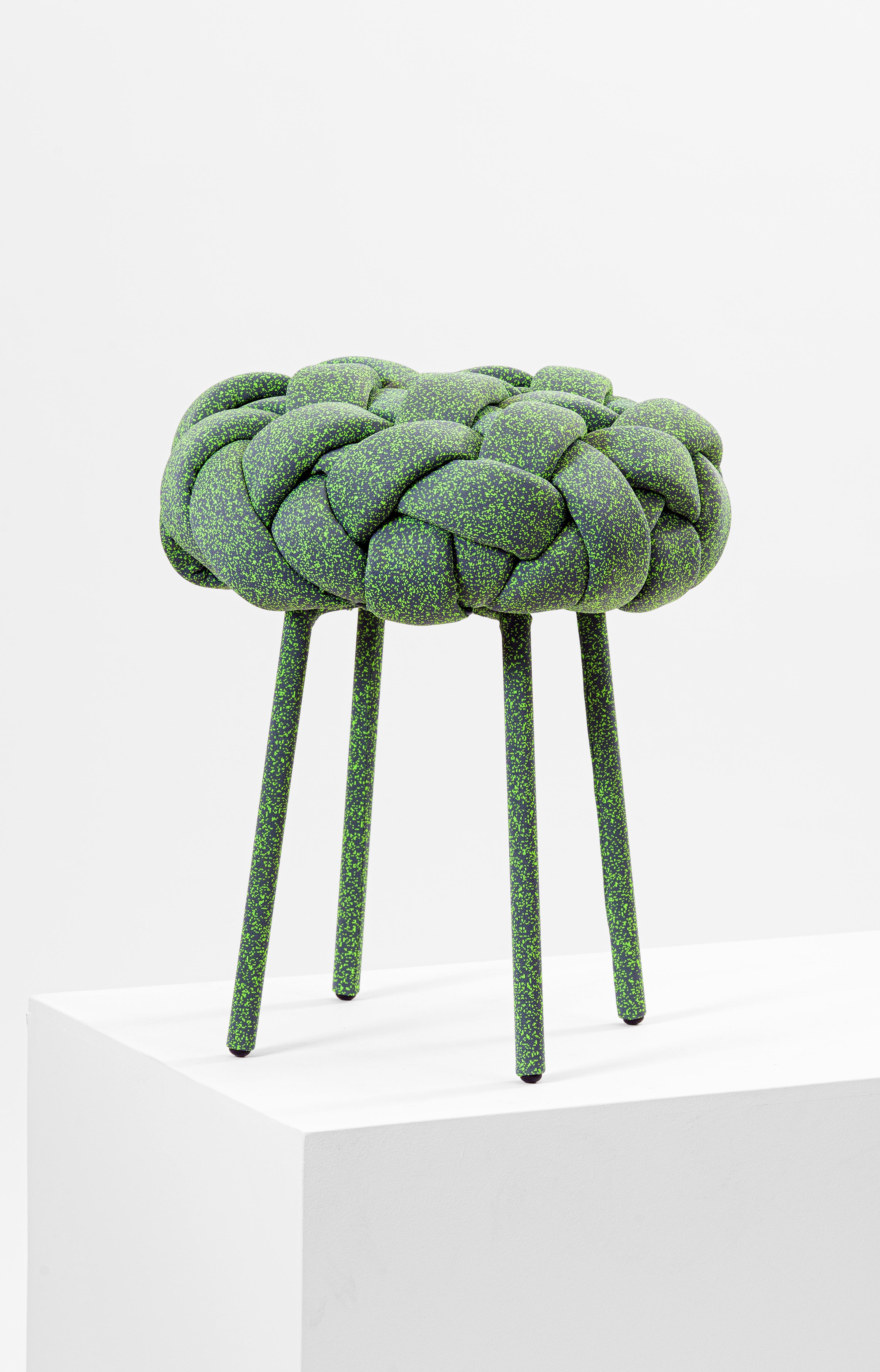 This contemporary stool is part of the Cloud collection, which was created around the concept of weft. These contemporary stools and benches are made with fabric and foam stripes, woven and stitched by hand. Each piece is unique, as the result of