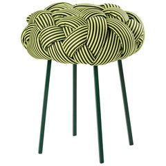 "Cloud" Contemporary Small Stool with Handwoven Green Upholstery