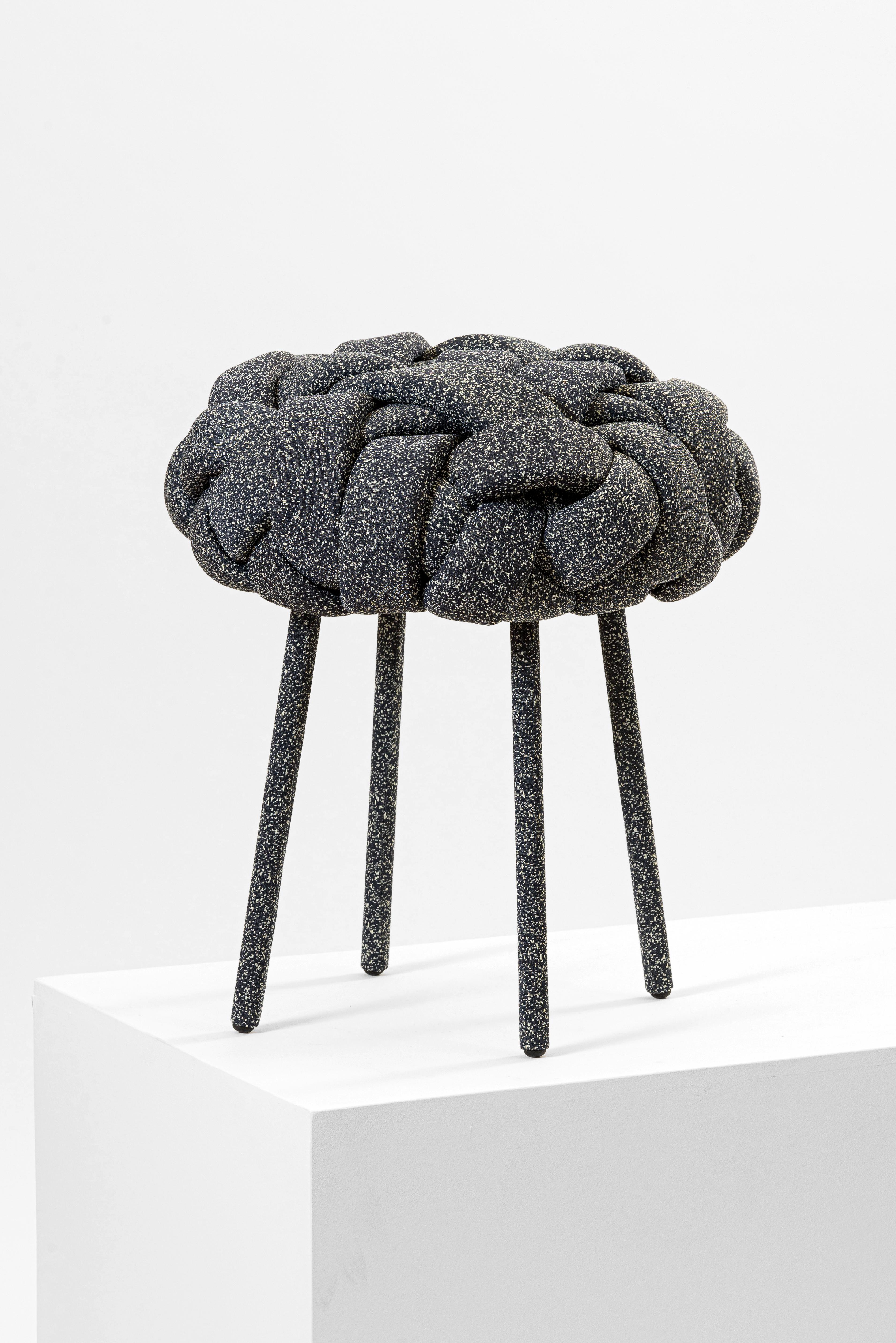 This contemporary stool is part of the cloud collection, which was created around the concept of trees. These contemporary stools and benches are made with cotton fabric and foam stripes, woven and stitched by hand. Each piece is unique, as the
