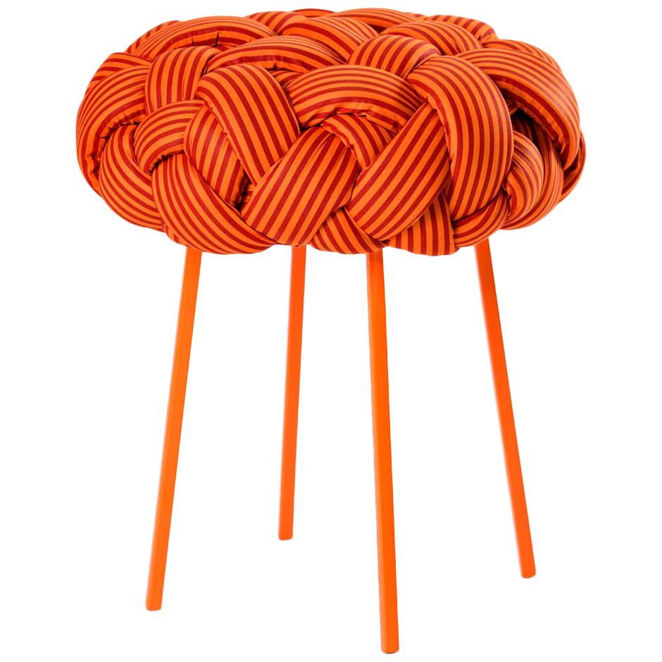 "Cloud" Contemporary Small Stool with Handwoven Orange Upholstery