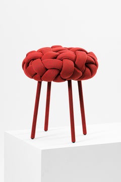 "Cloud" Contemporary Small Stool with Handwoven Red Kvadrat Upholstery