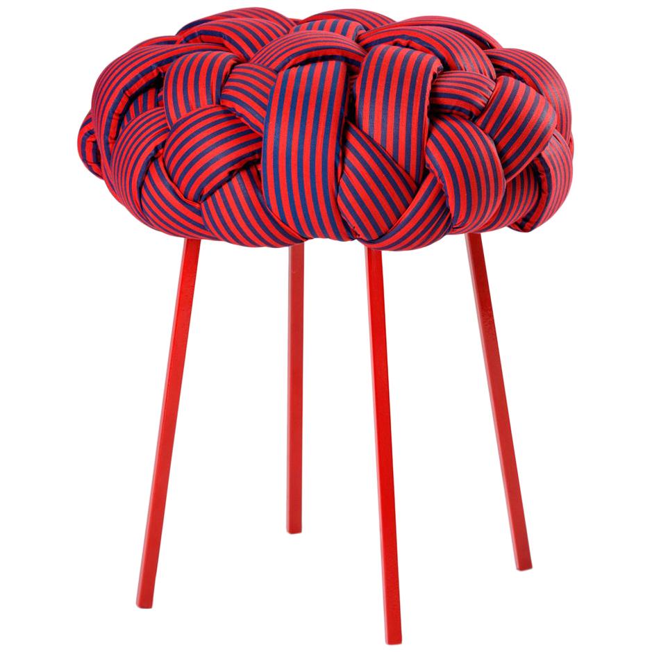 "Cloud" Contemporary Small Stool with Handwoven Red Upholstery