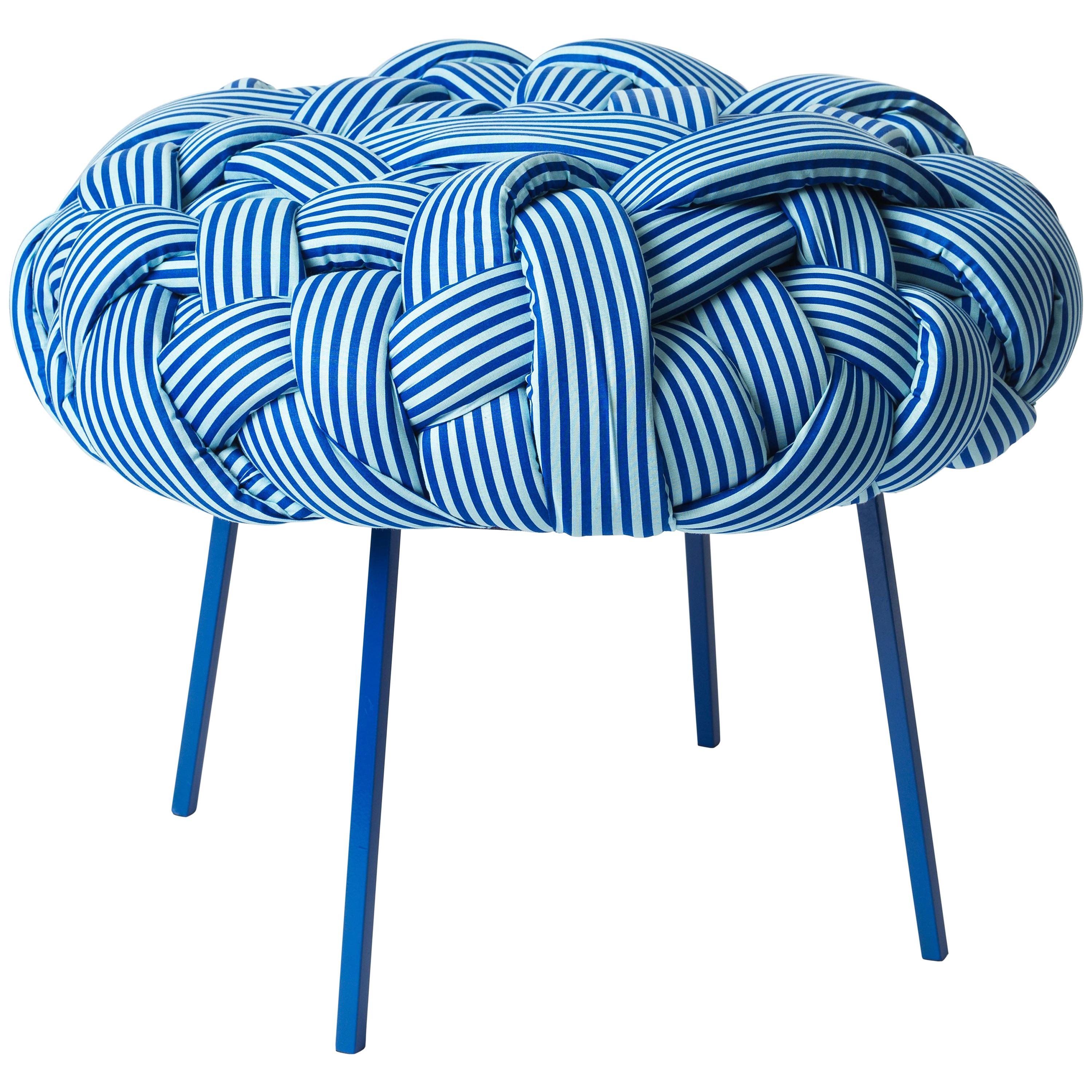 "Cloud" Contemporary Stool with Handwoven Blue Upholstery