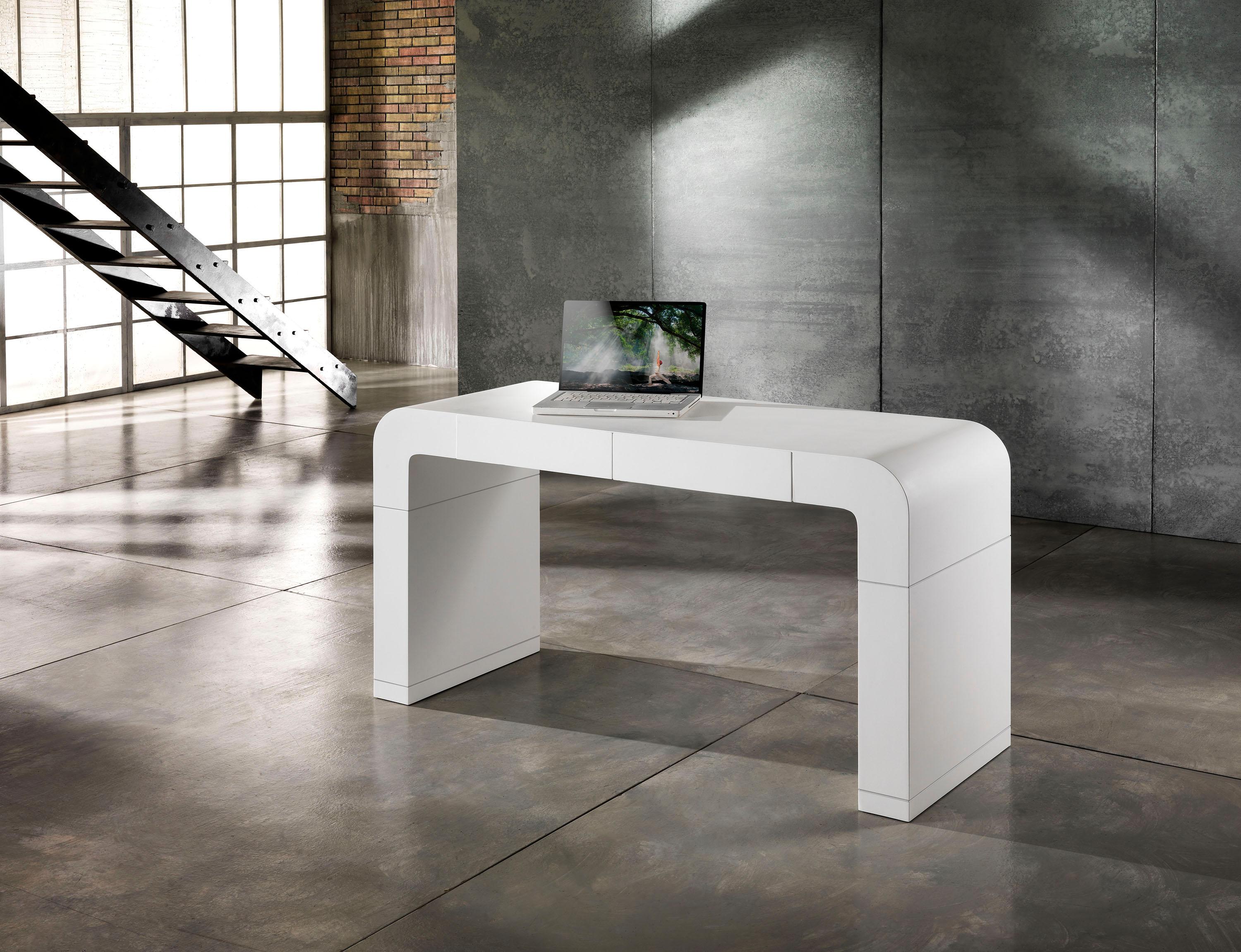 Cloud Desk by Francesco Profili
Dimensions: W 150 x D 50 x H 78 cm 
Materials: Multilayer and MDF.

Linear, sinuous and essential desk, made in curved wood with an opaque lacquered finish.
The desk includes two inner drawers that, when closed, are
