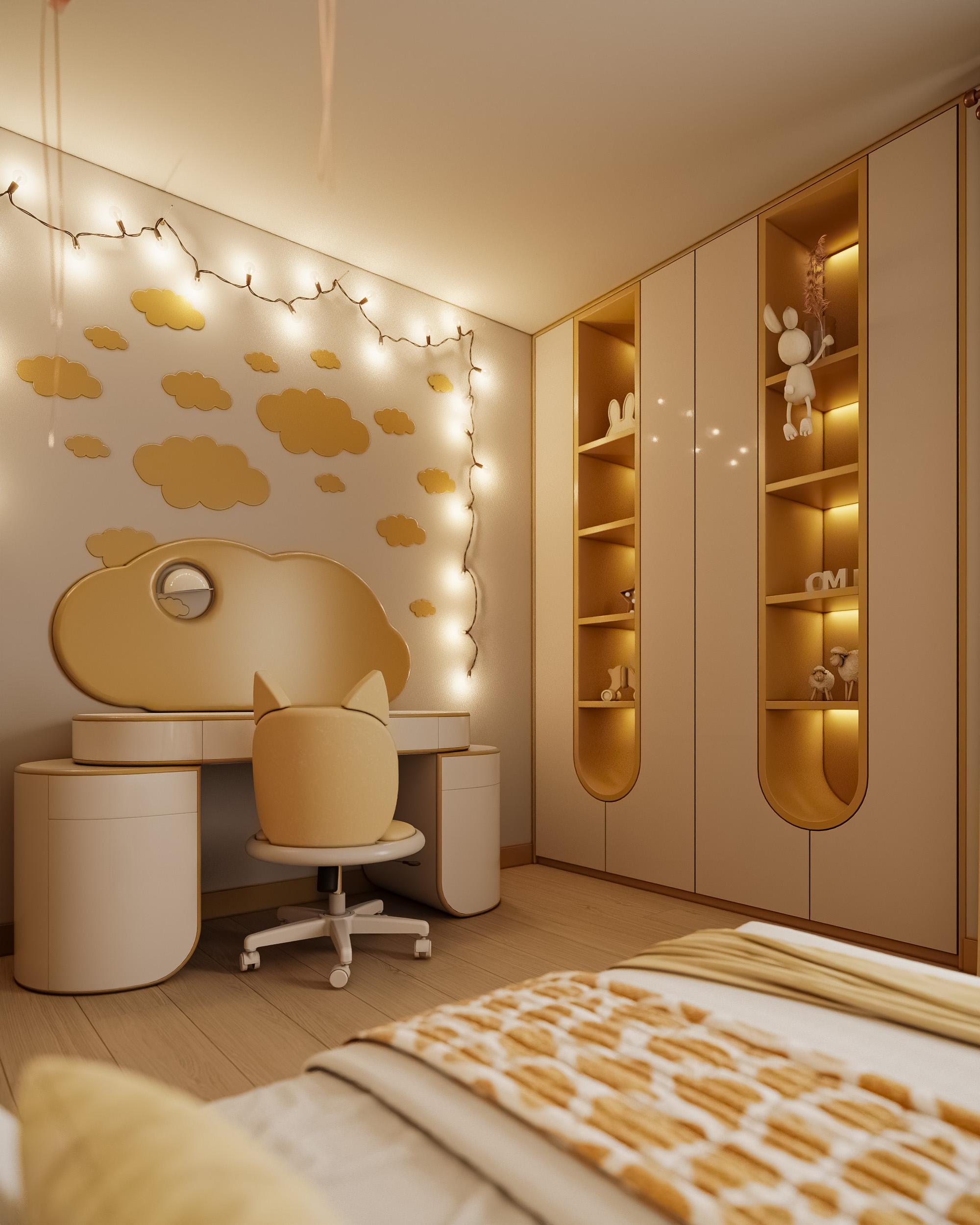 Cloud Glow Desk by MAGILORE - Scrivania di lusso per bambini in Bouclé e foglia d'oro con Amb in vendita 4