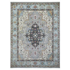 Tapis Peshawar gris nuageux avec motif Heriz 100 % laine nouée à la main 9'2" x 12'