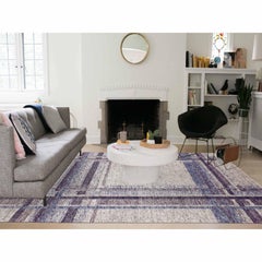 Cloud Gray Geometric Opened Up Plaid Design Wool Hand Knotted Rug 9'0" x 12'1"