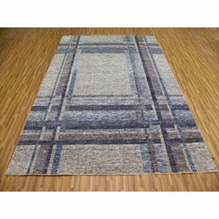 Cloud Gray Geometric Opened Up Plaid Design Wool Hand Knotted Rug 9'0" x 12'1"