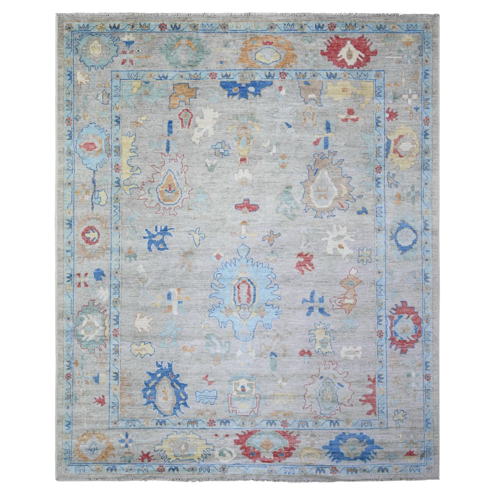 Cloud Gray Soft Wool Hand Knotted Afghan Angora Oushak Oriental Rug 8'4" x 9'8"
