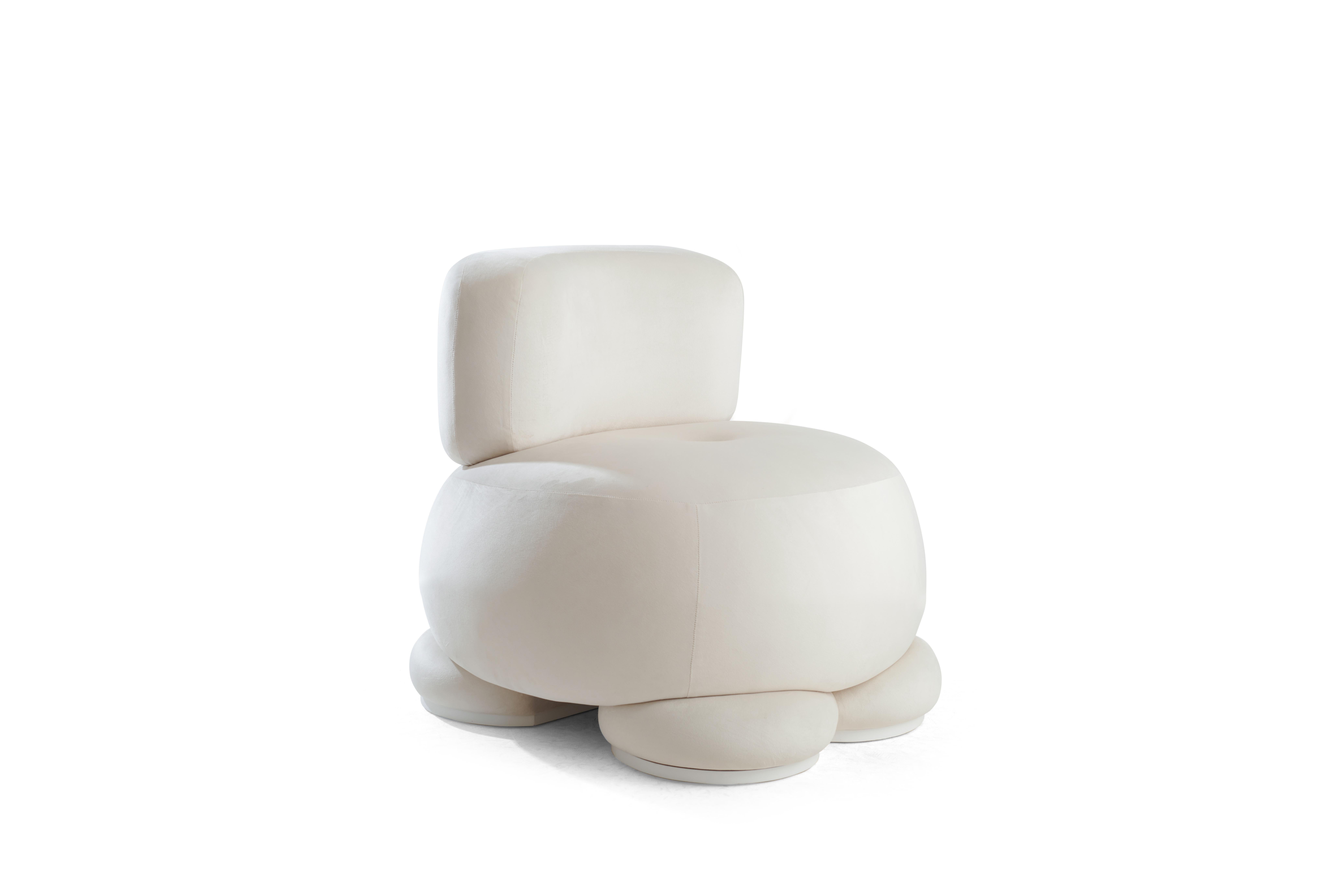 Cloud lounge chair by Melis Tatlicibasi
Materials: Upholstered with white velvet, bottom wood part is off-white lacquered
Dimensions: W 65 x D 65 x H 75 cm

The Cloud concept was developed as a dream bringing the far-away clouds from the sky