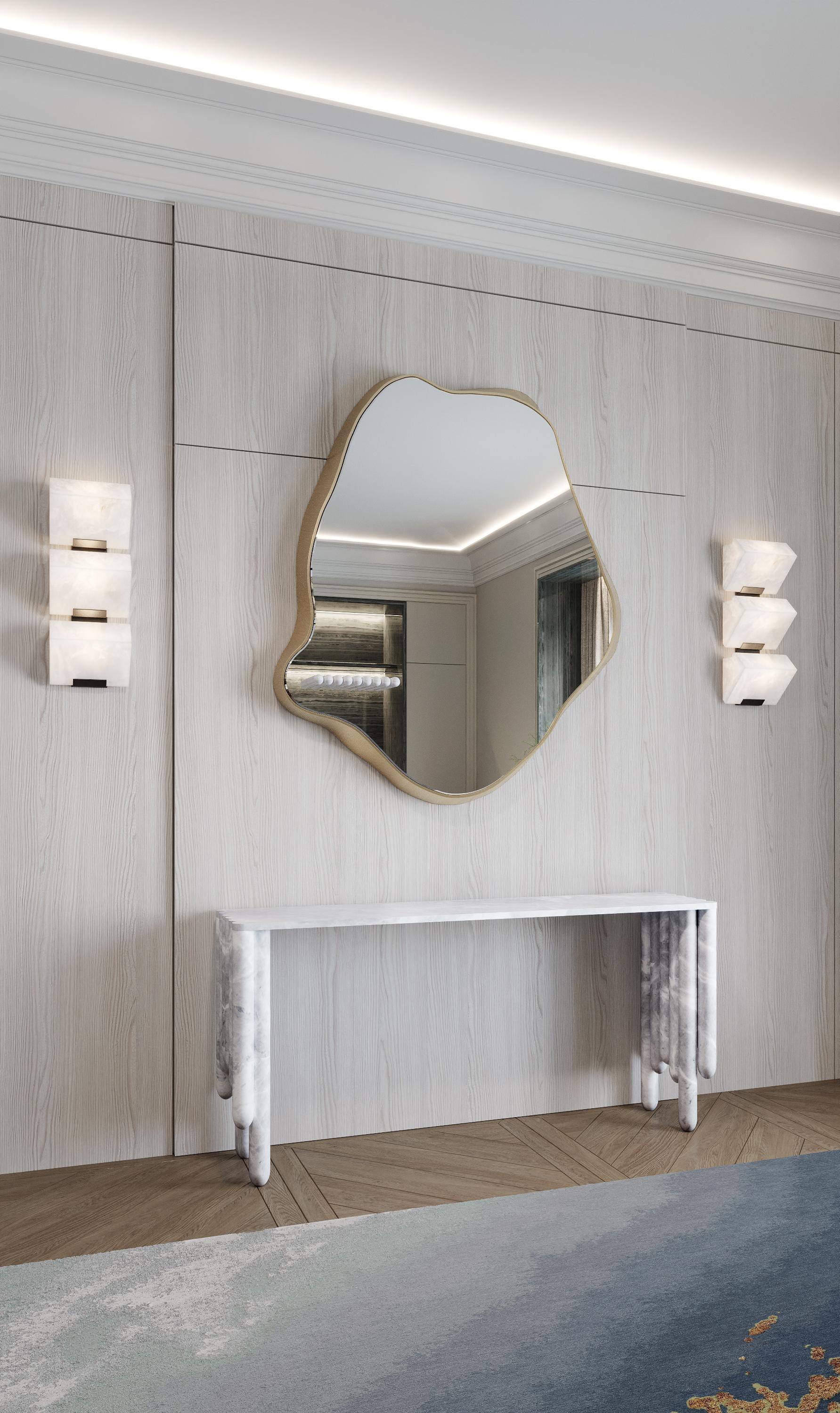 Art Deco Cloud Modern Luxury Wall Mirror with Metal Frame and Marble Shelf For Sale