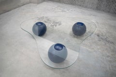 CLOUD Organic Shaped Glass Coffee Table with Blue Solid Wood Spheres