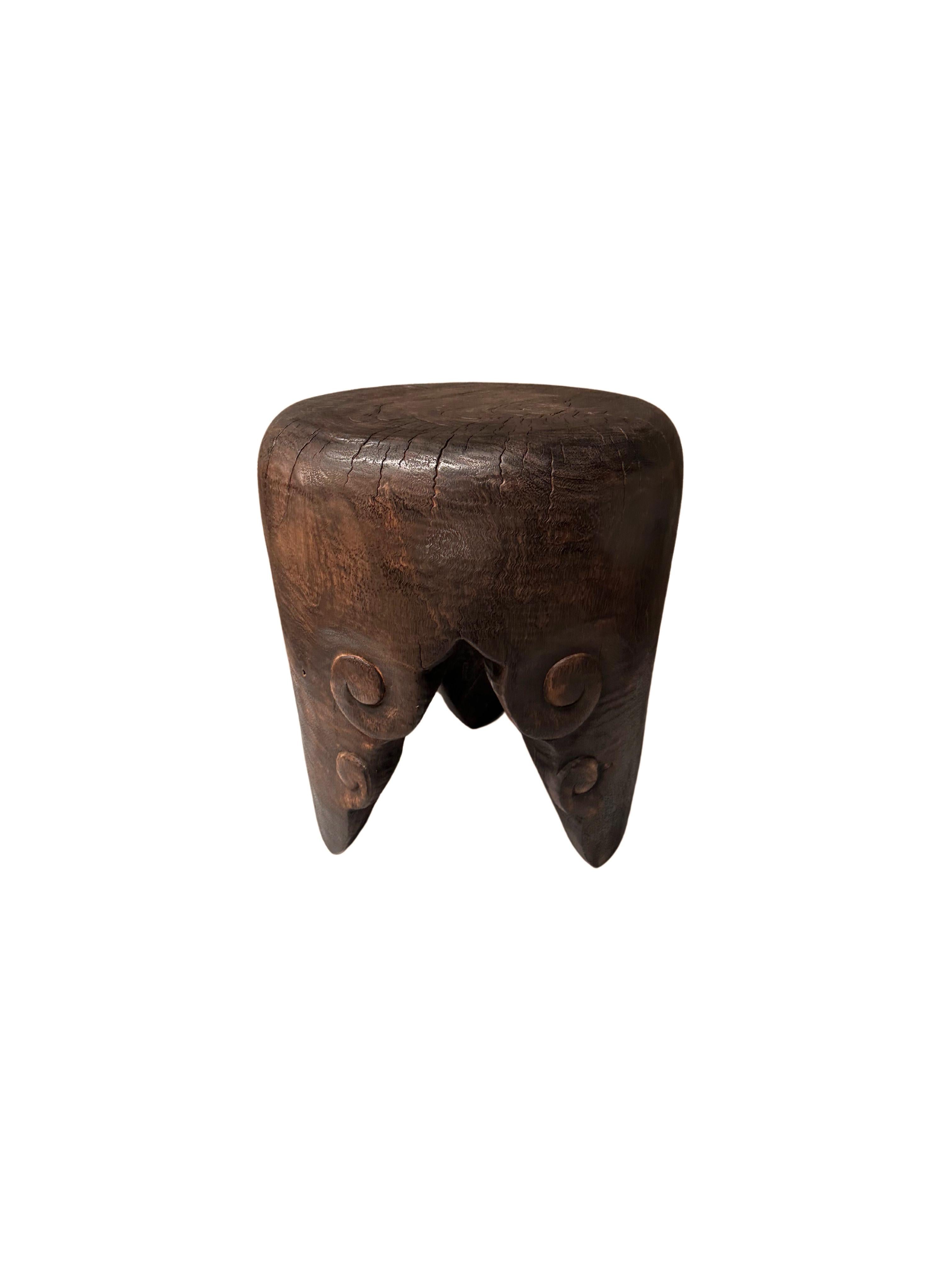 Indonesian Cloud Pattern Hand-Carved Solid Mango Wood Side Table, Modern Organic, Espresso For Sale