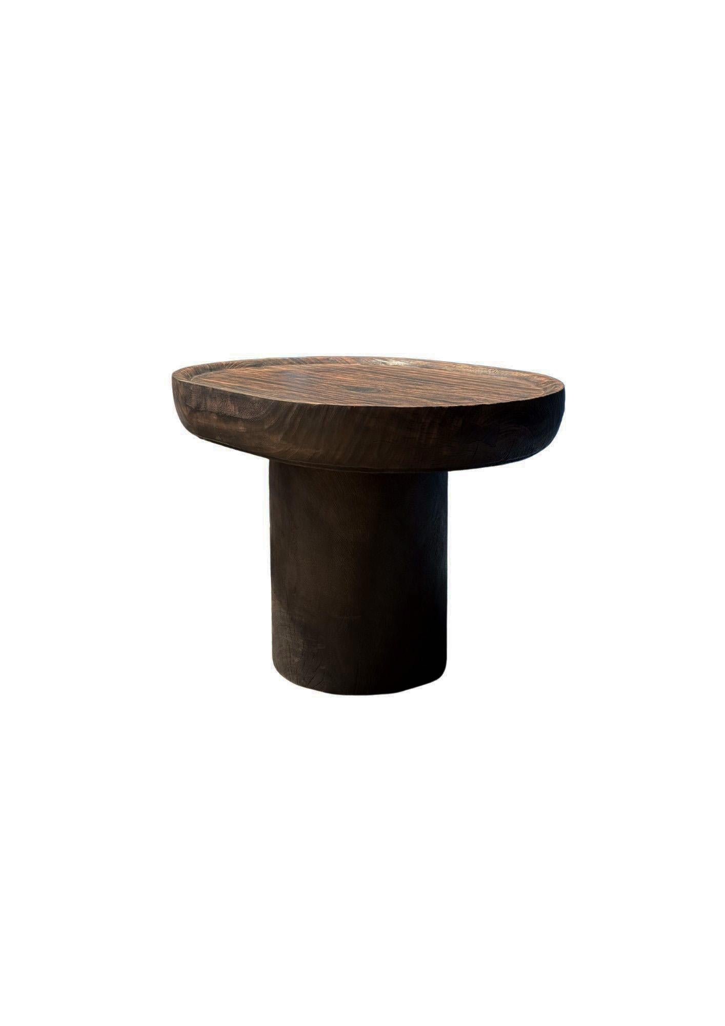 Organic Modern Hand-Carved Solid Mango Wood Side Table, Modern Organic, Espresso For Sale