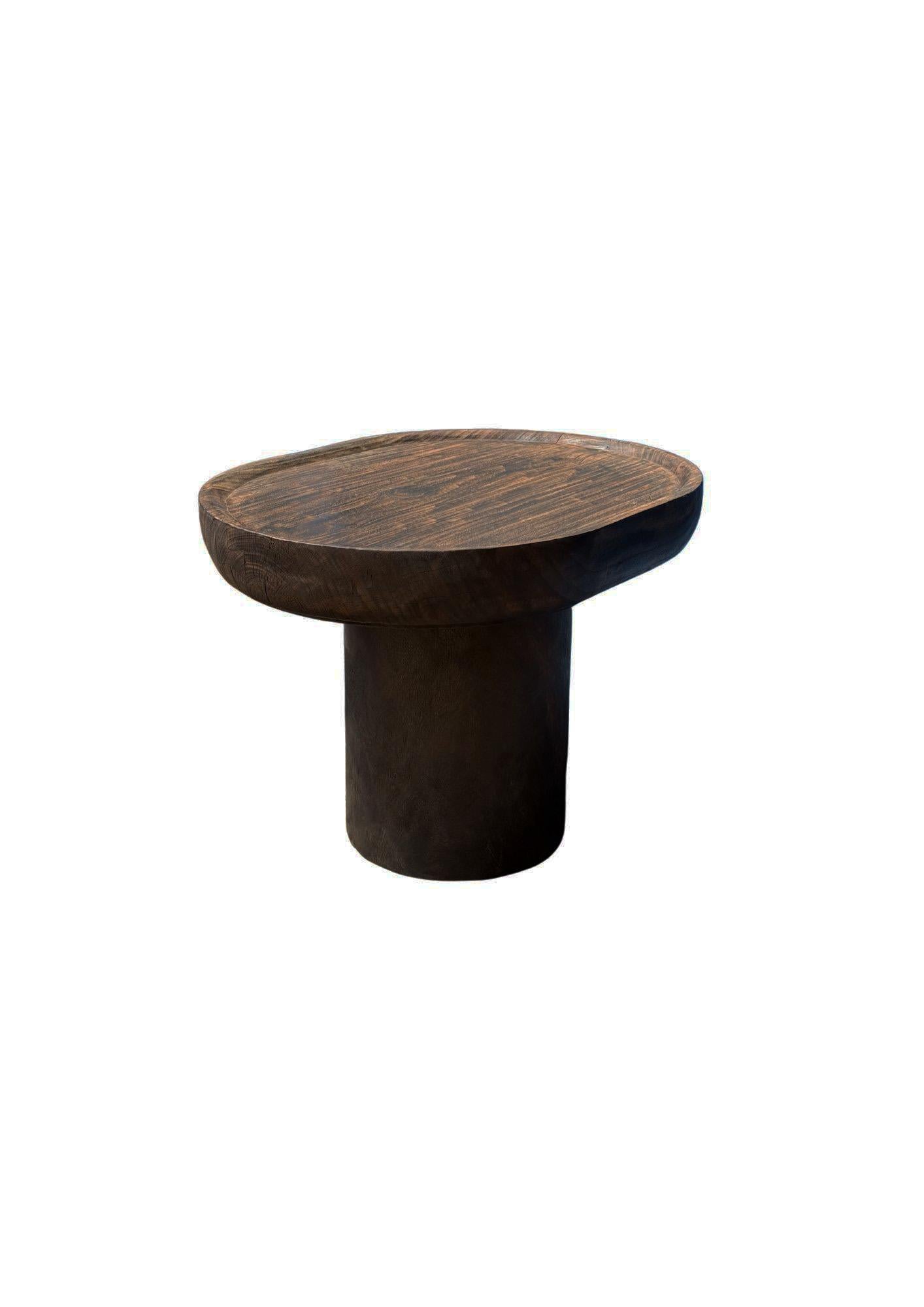 Contemporary Hand-Carved Solid Mango Wood Side Table, Modern Organic, Espresso For Sale