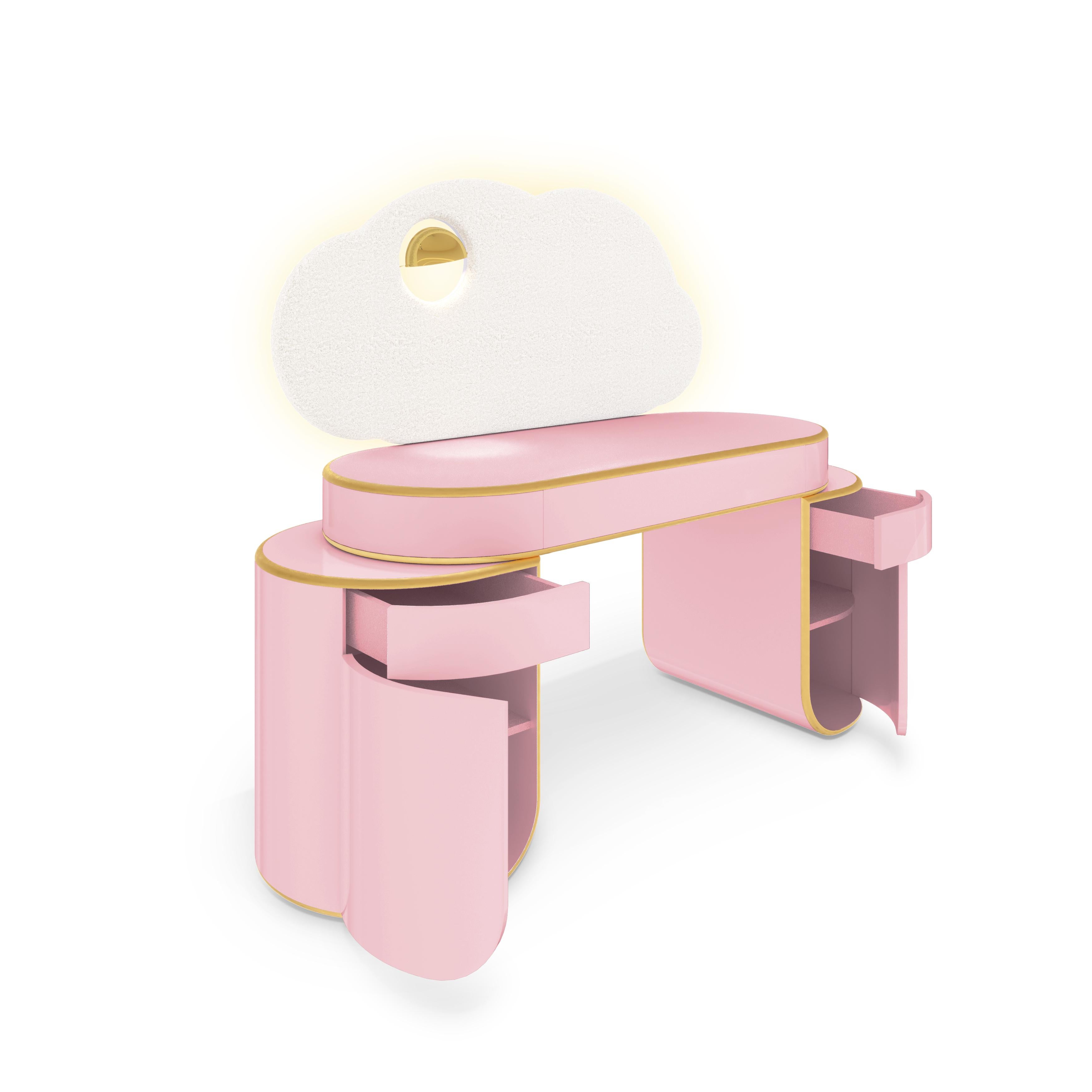 Ottone Cloud Pink Glow Desk by MAGILORE - Scrivania di lusso per bambini in bouclé e foglia d'oro in vendita