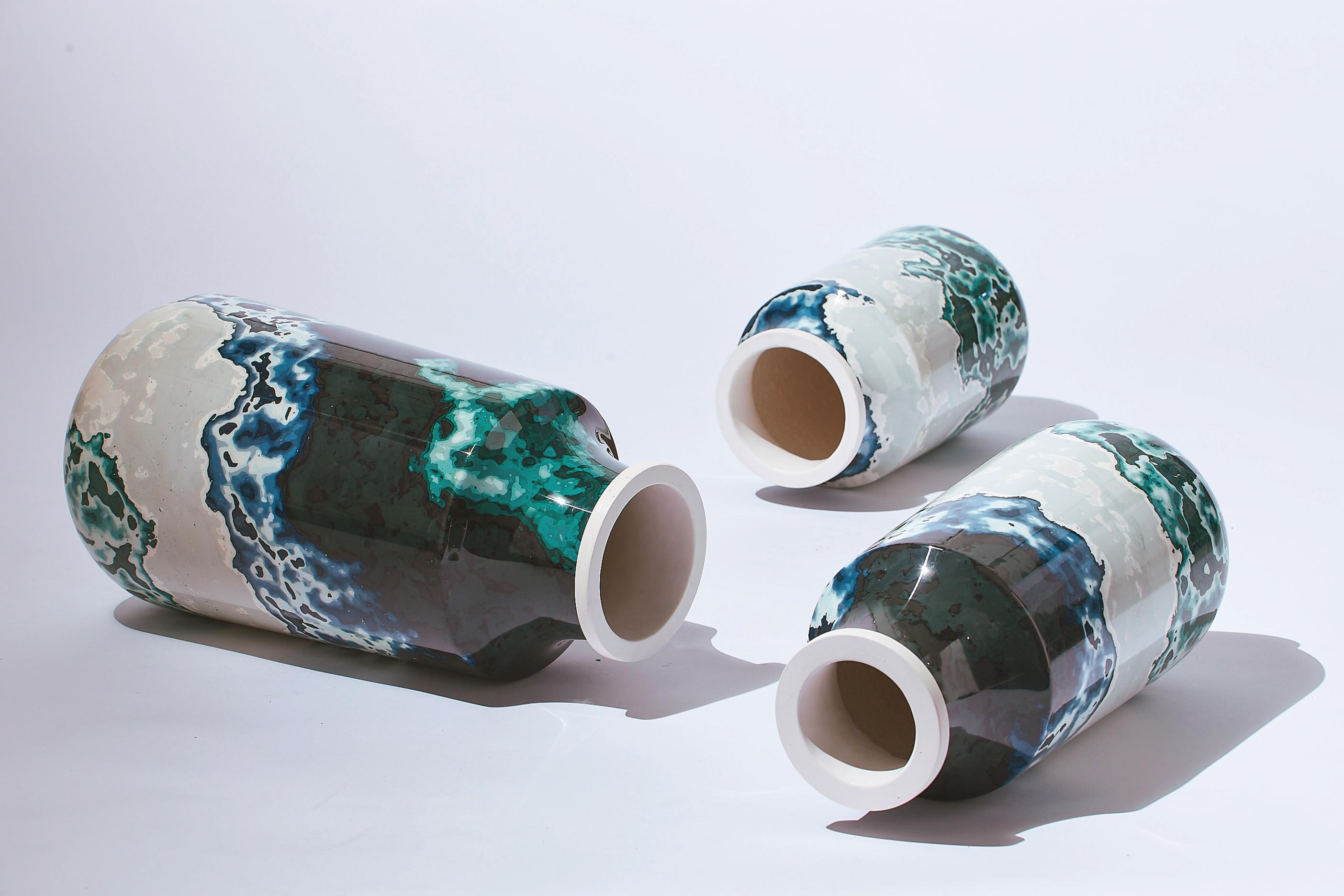 British Cloud Stone, Set of 3Contemporary Vases / Vessels in Blue & Green by Nic Parnell For Sale