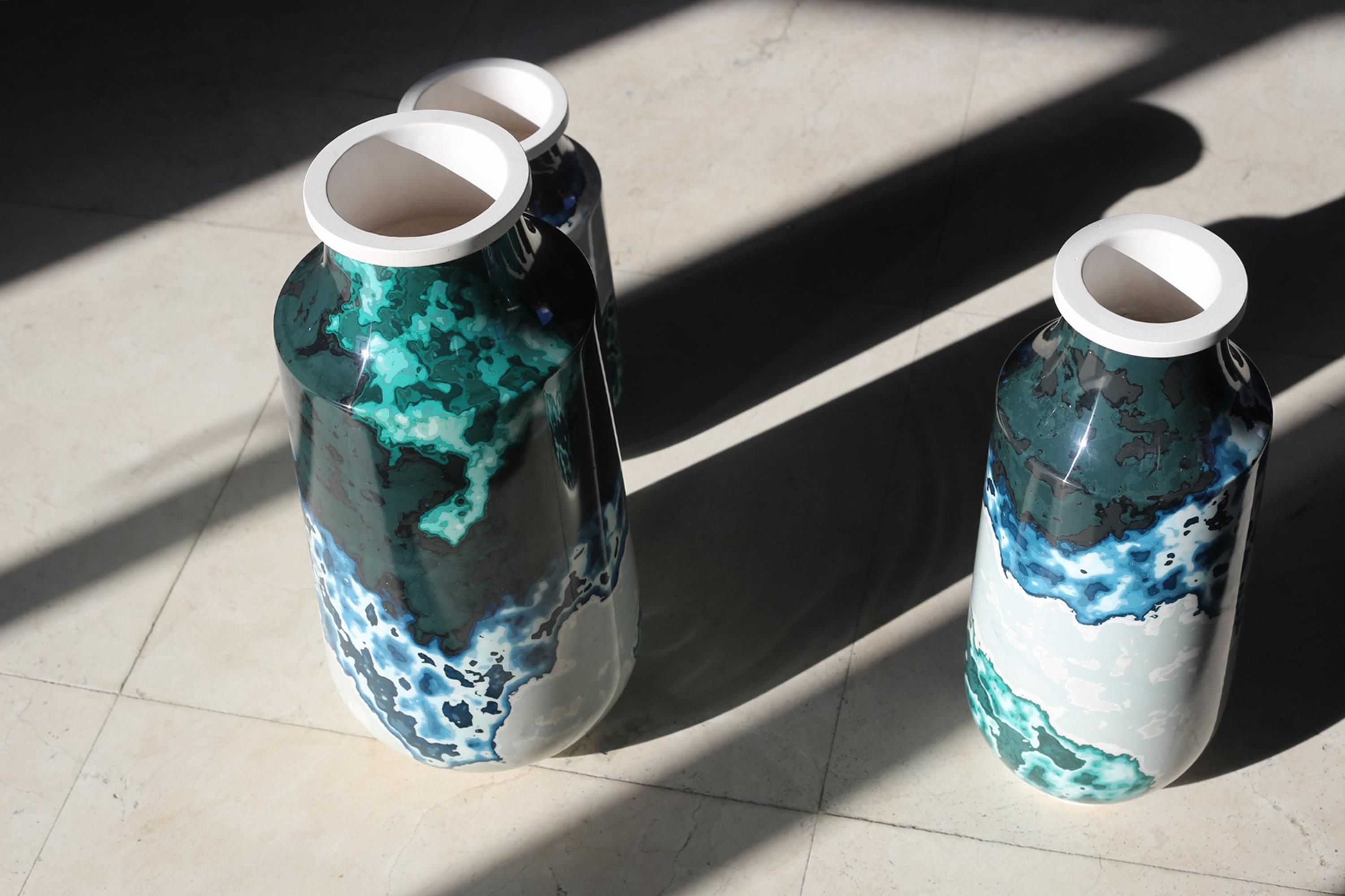 Cast Cloud Stone, Set of 3Contemporary Vases / Vessels in Blue & Green by Nic Parnell For Sale