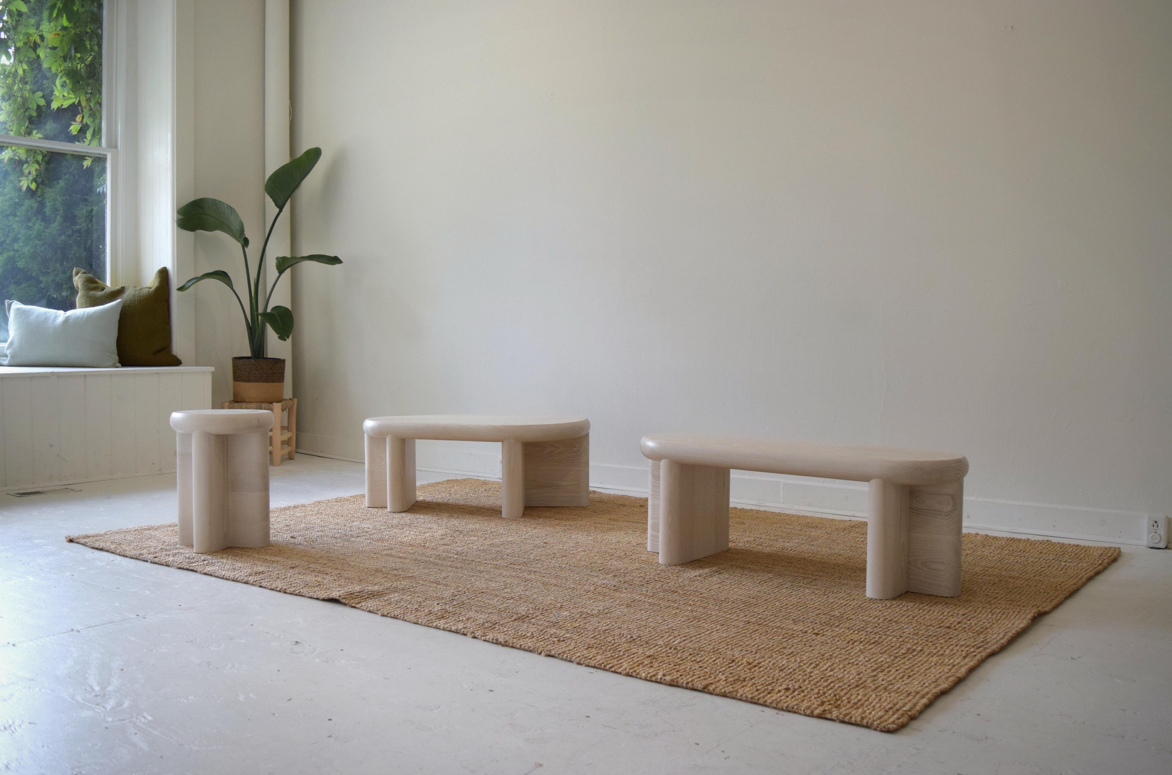 Cloud tables are made of three inch thick solid ash, and finished with a bleach solution to whiten the wood while still showing the unique character of ash. 