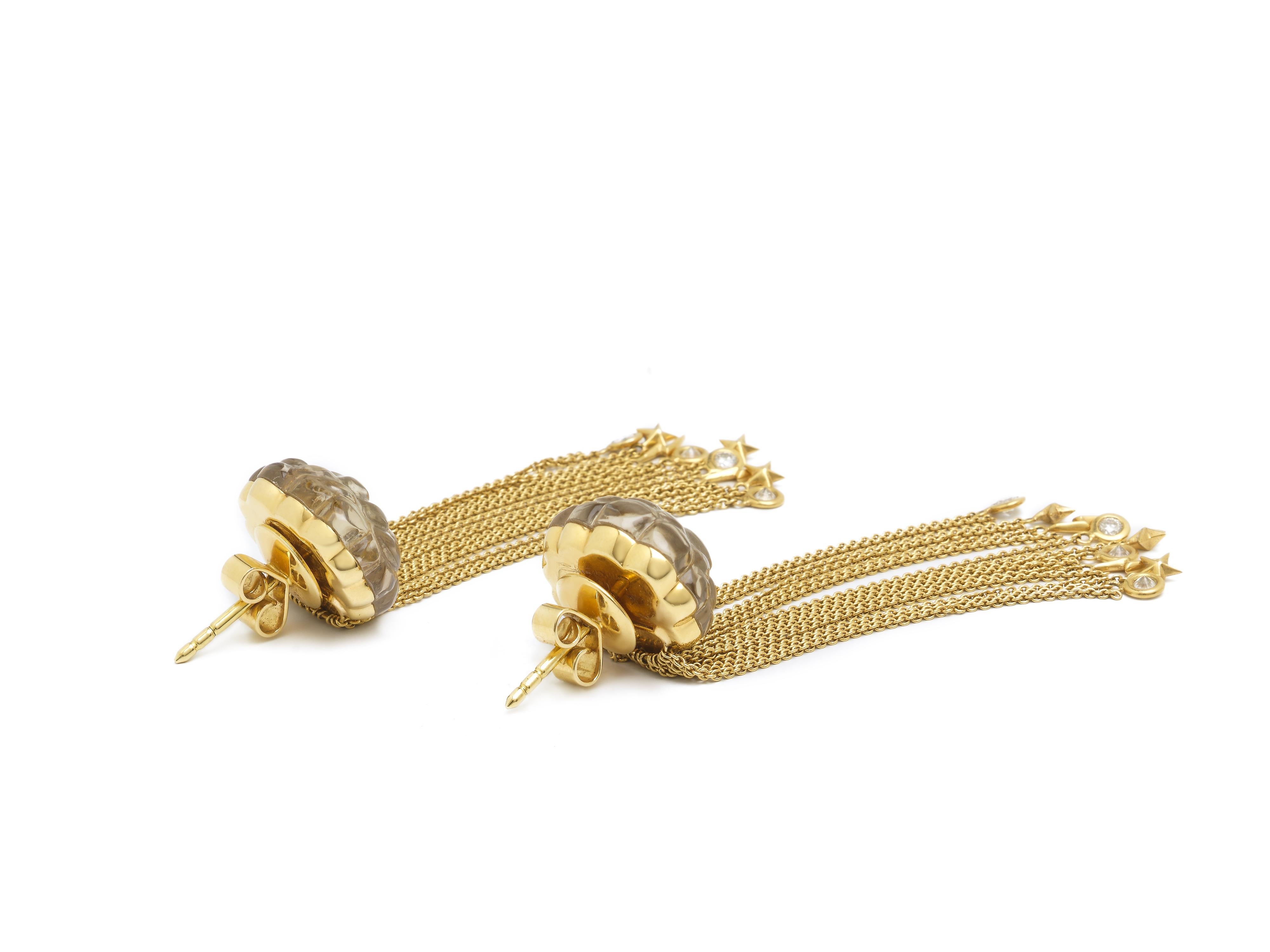 Women's Cloud Tassel 18 Karat Yellow Gold Smoky Quartz White Diamonds Earrings For Sale