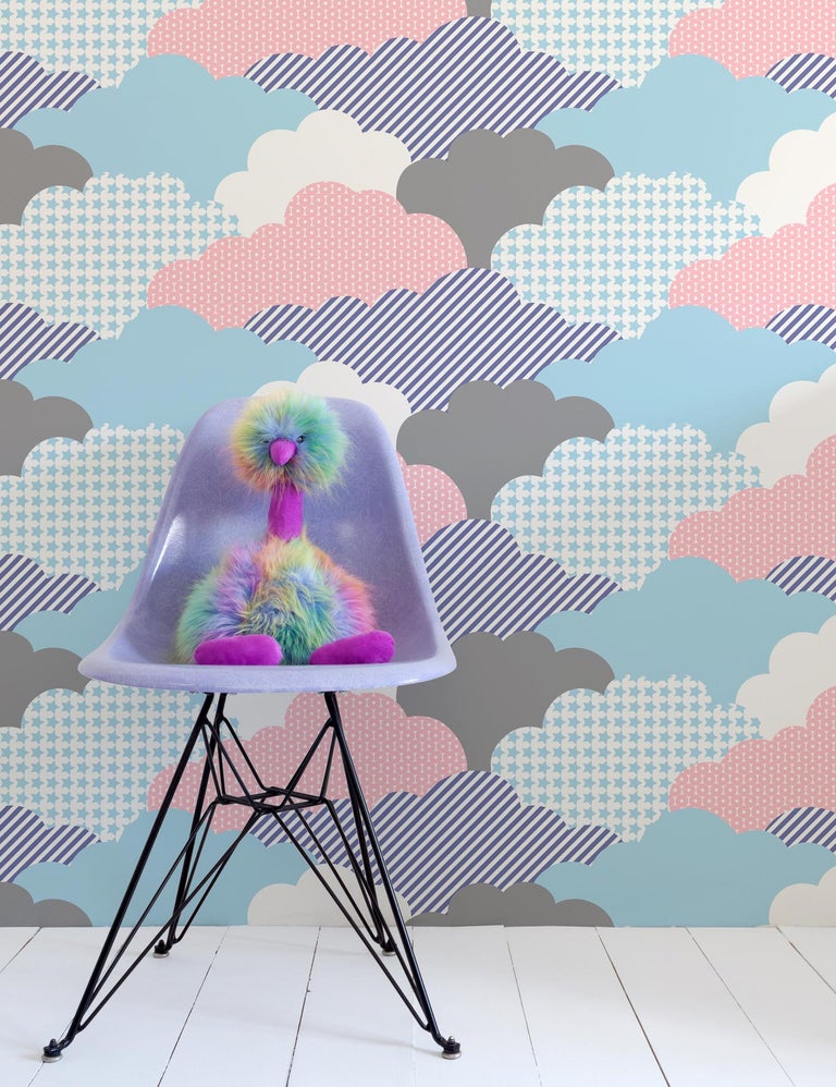 Clouds Designer Wallpaper In Sunshine Purple Peach Aqua Grey