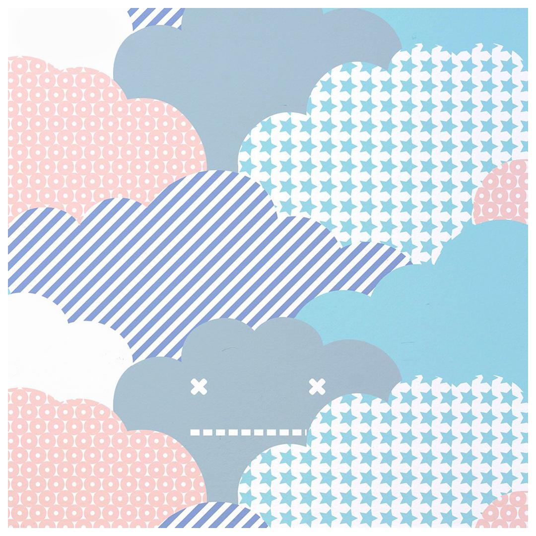 Clouds Designer Wallpaper in Sunshine 'Purple, Peach, Aqua, Grey and White'