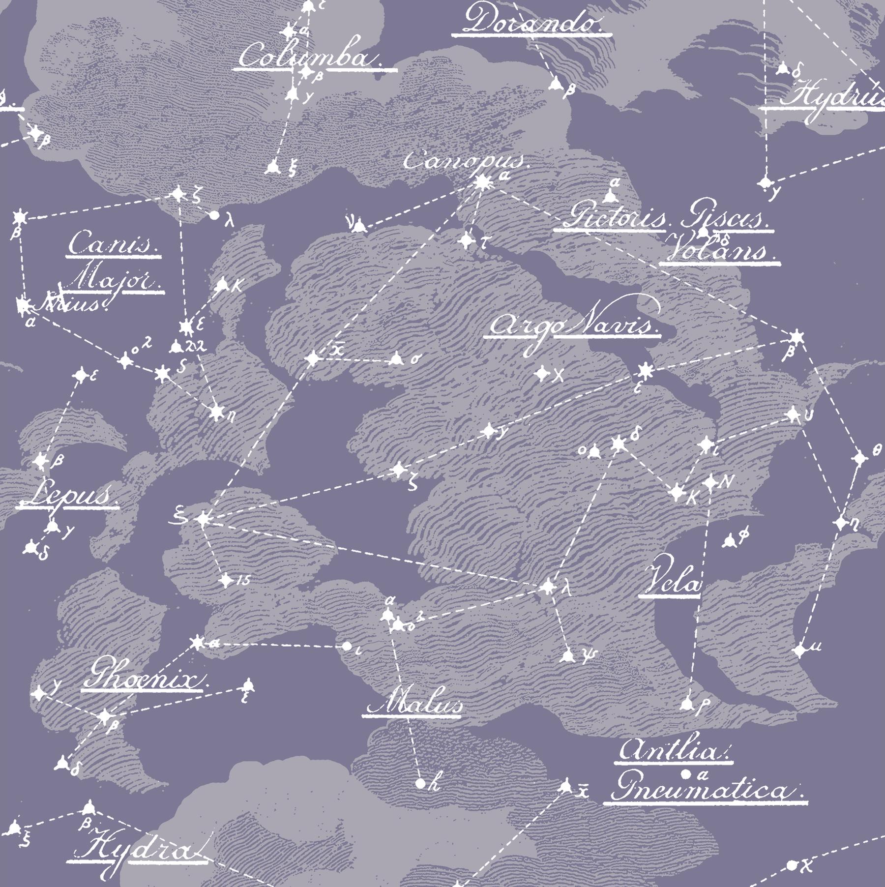 MINIMUM ORDER 4 ROLLS FOR A TOTAL OF 44 YARDS.

Taking inspiration from a nineteenth century star chart of the Southern Hemisphere and eighteenth century etchings,
we have created a graceful nocturnal sky of clouds and constellations.
Available in