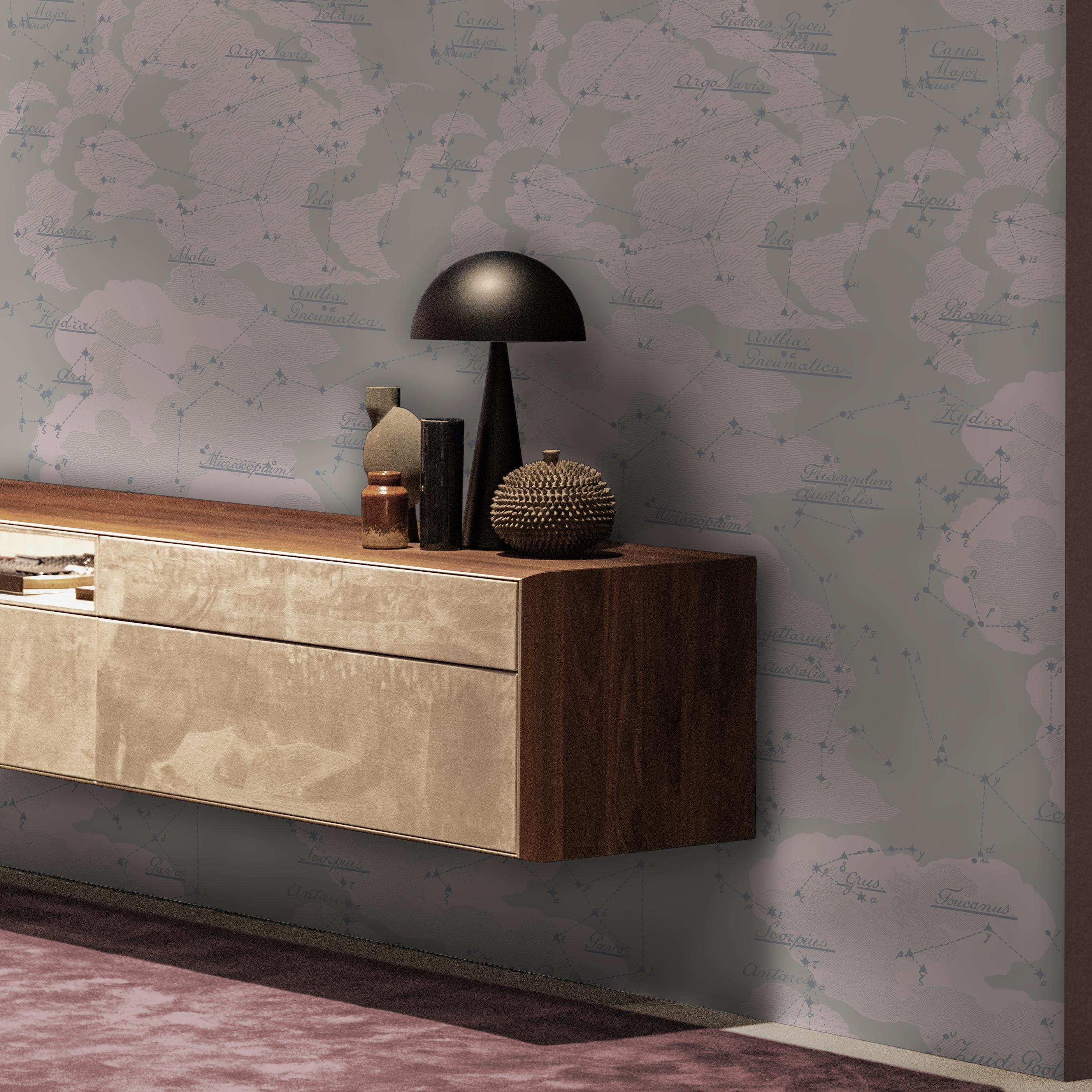 MINIMUM ORDER 4 ROLLS FOR A TOTAL OF 44 YARDS.

Taking inspiration from a nineteenth century star chart of the Southern Hemisphere and eighteenth century etchings,
we have created a graceful nocturnal sky of clouds and constellations.
Available in